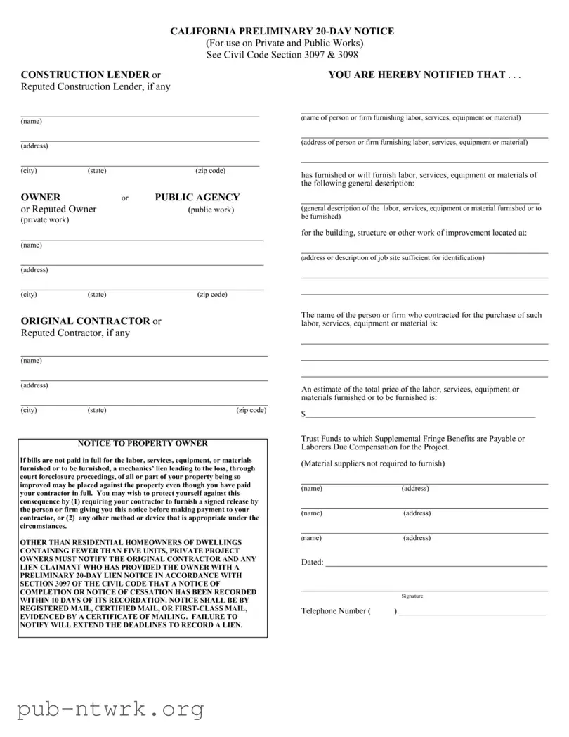 Blank California Preliminary 20 Day Notice PDF Form
