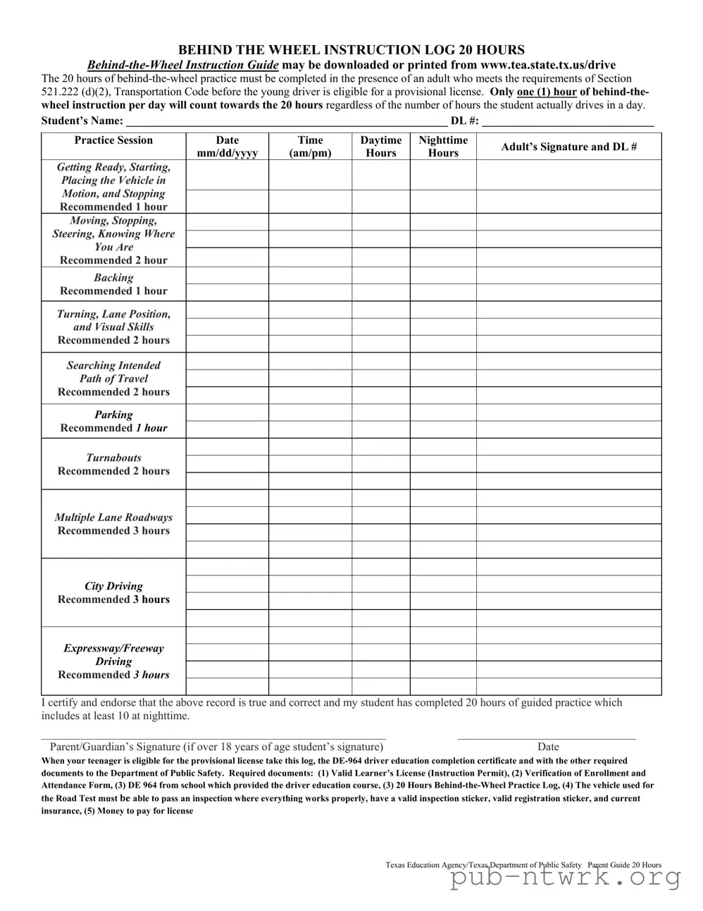 Blank Texas Dps Driving Log PDF Form