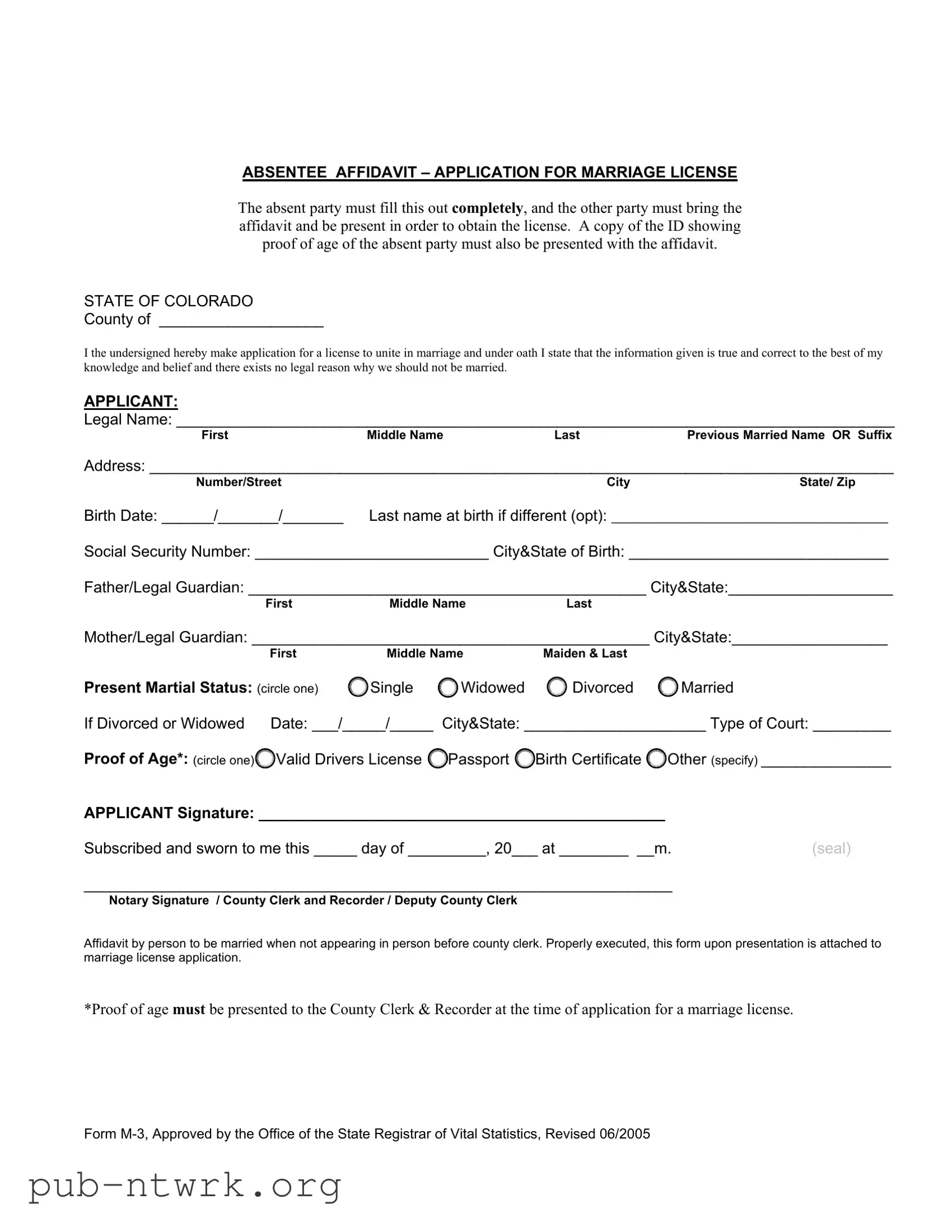 Blank M 3 Colorado PDF Form