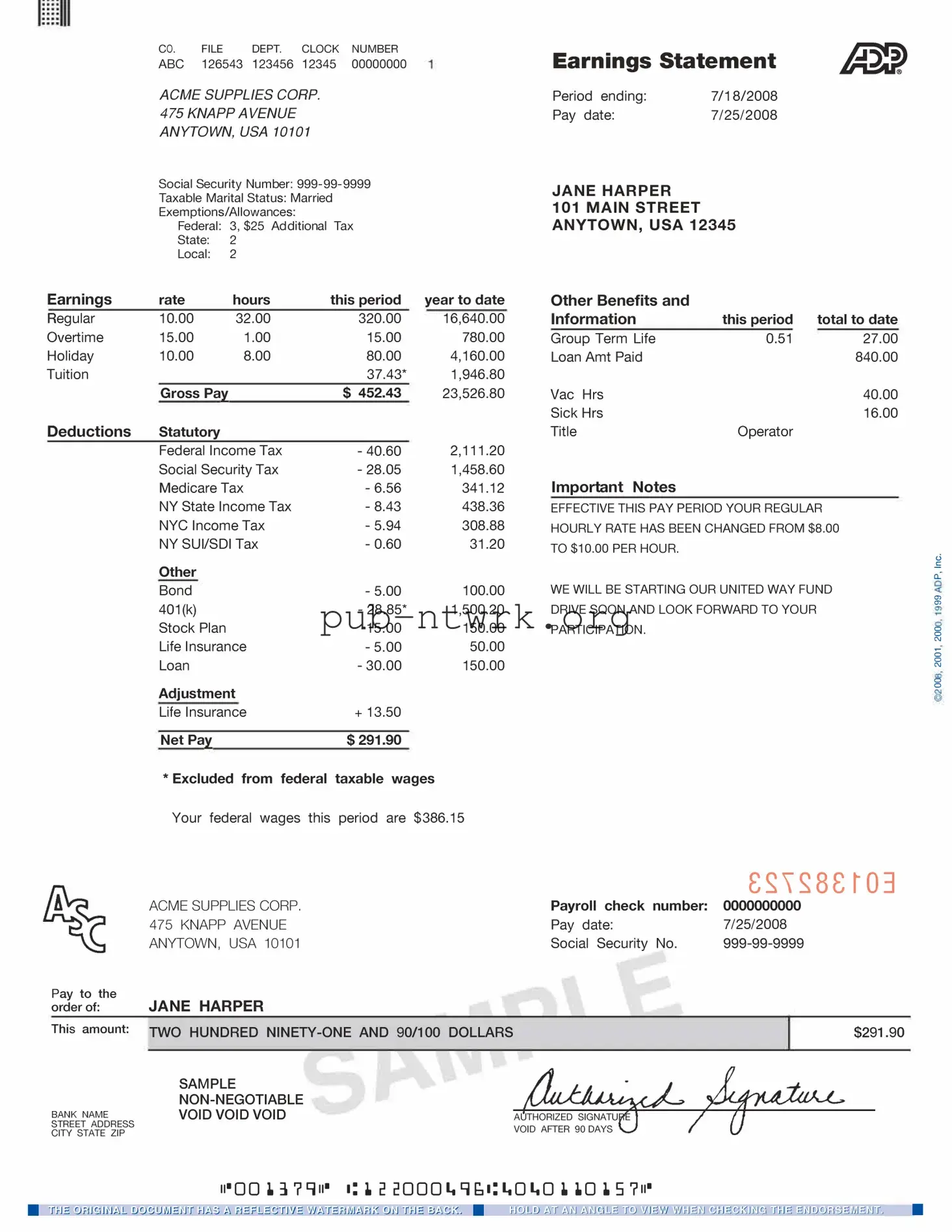 Blank Adp Pay Stub PDF Form