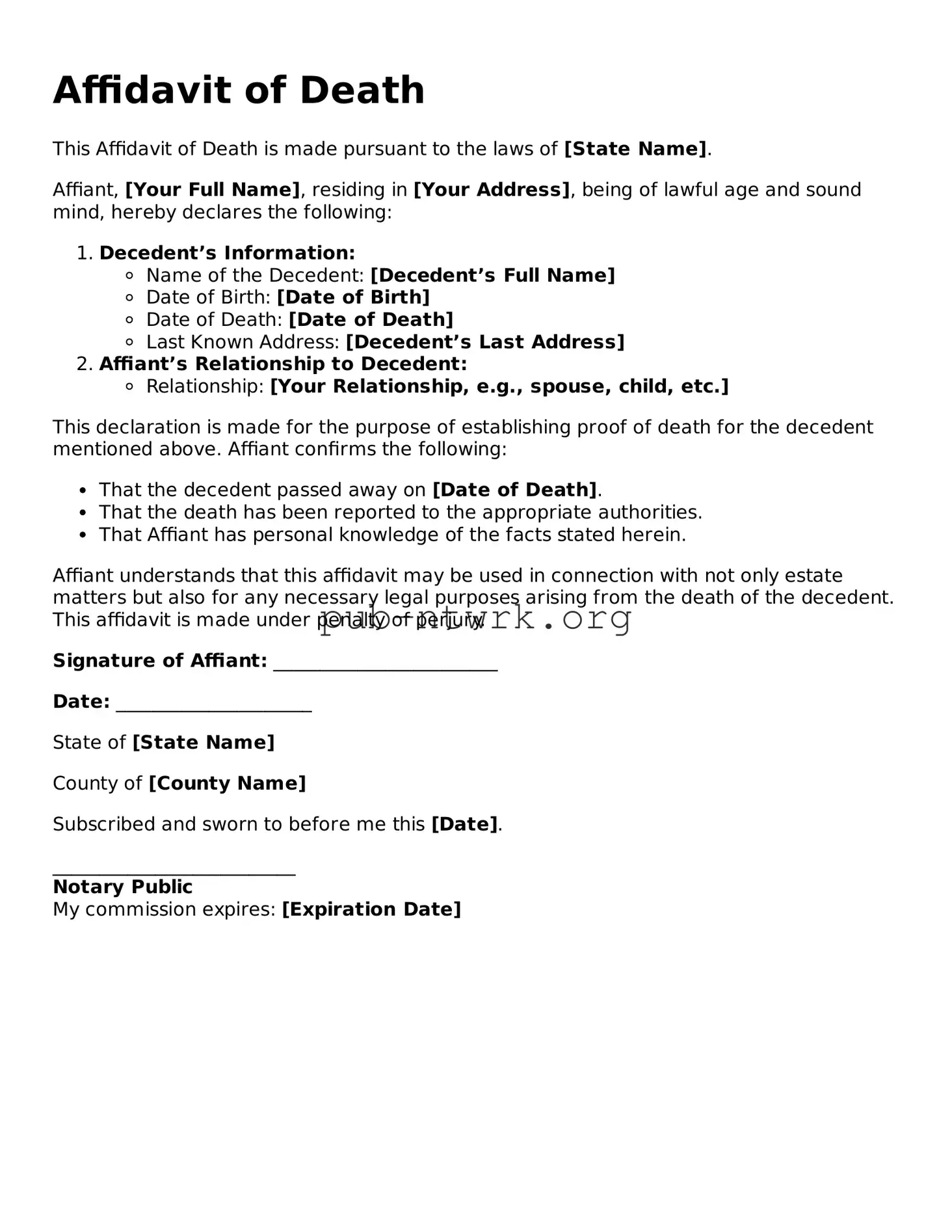 Legal Affidavit of Death Form