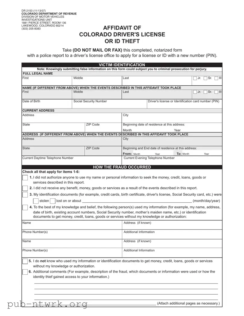 Blank Colorado Dr 2153 PDF Form