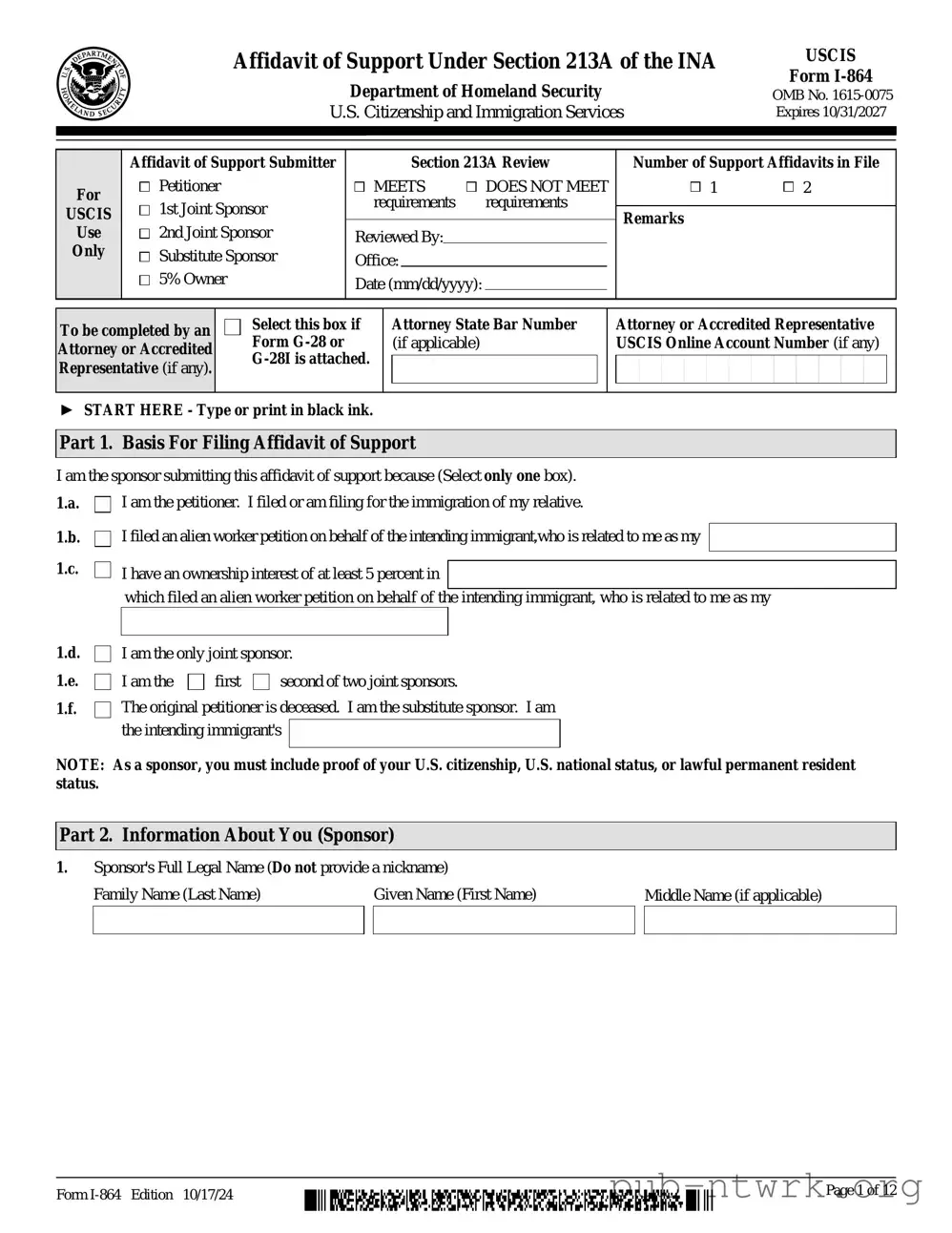 Blank USCIS I-864 PDF Form