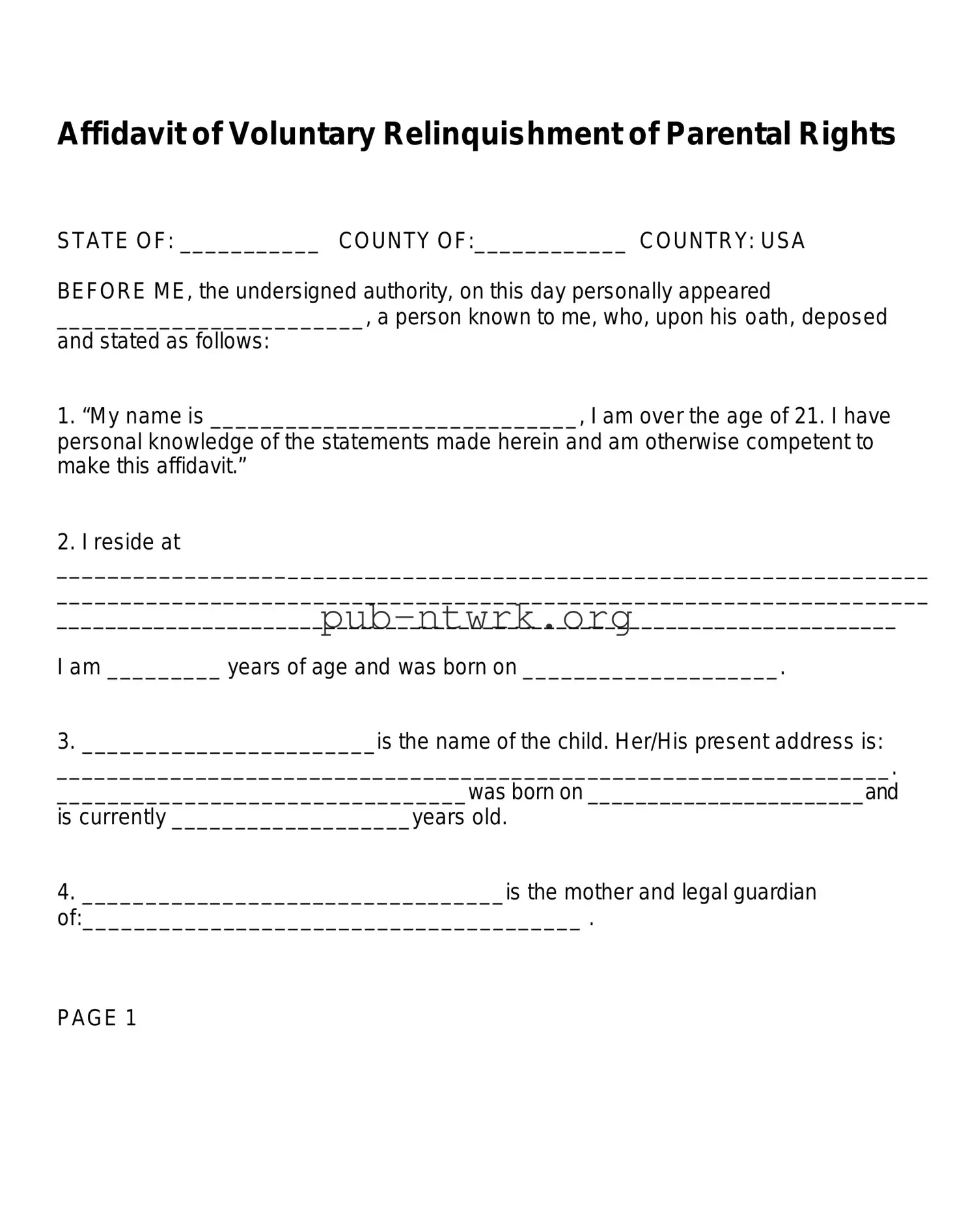 Blank Affidavit Parental Rights PDF Form