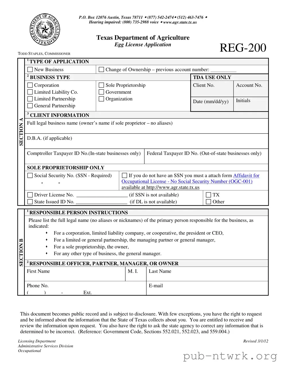 Blank Texas Reg 200 PDF Form