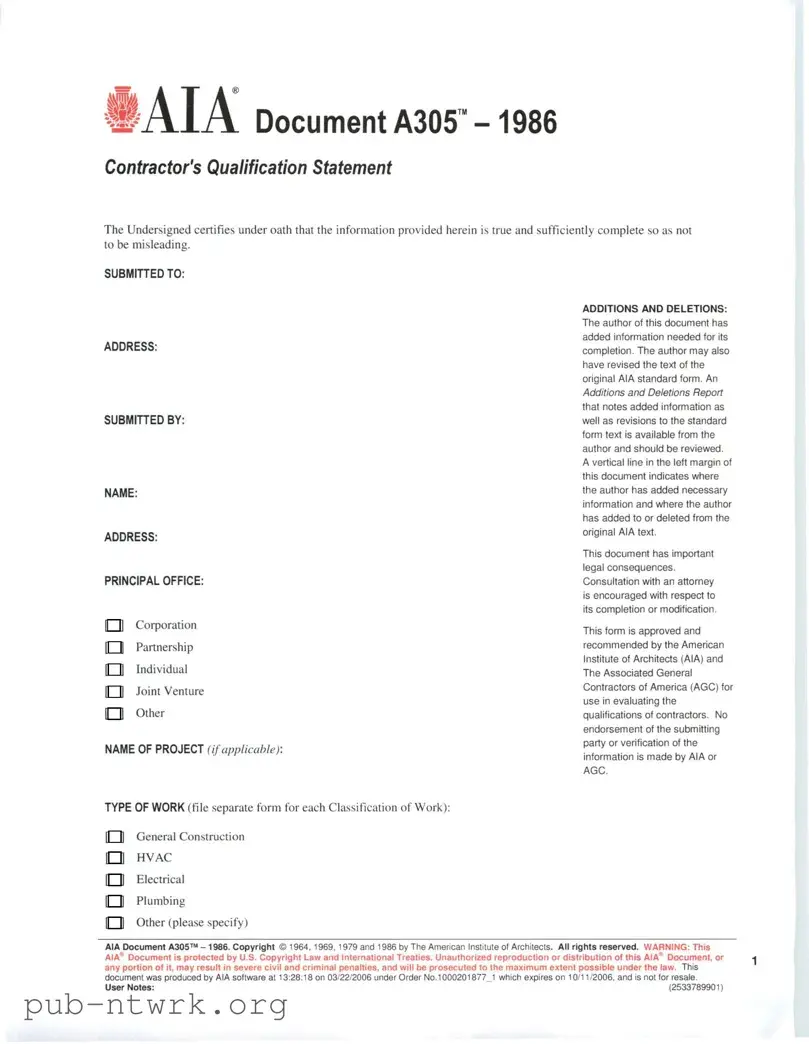 Blank AIA A305 PDF Form