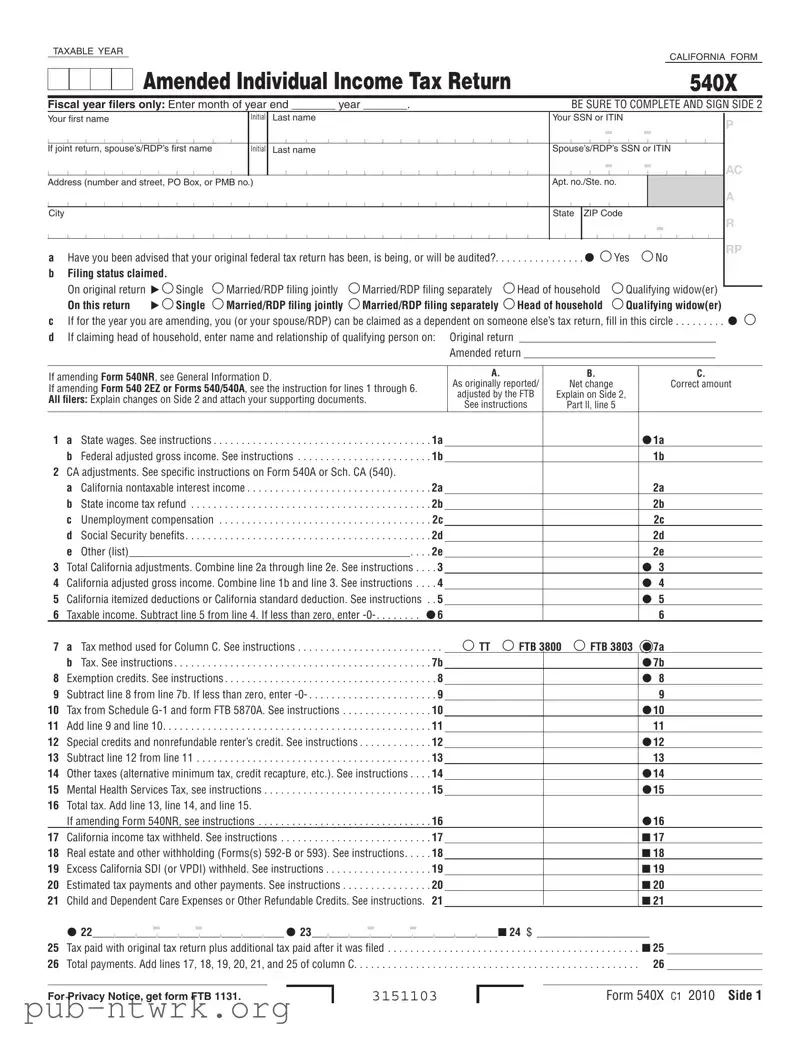 Blank California 540X PDF Form