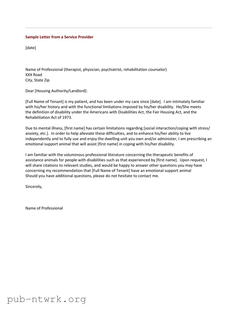 Blank Emotional Support Animal Letter PDF Form