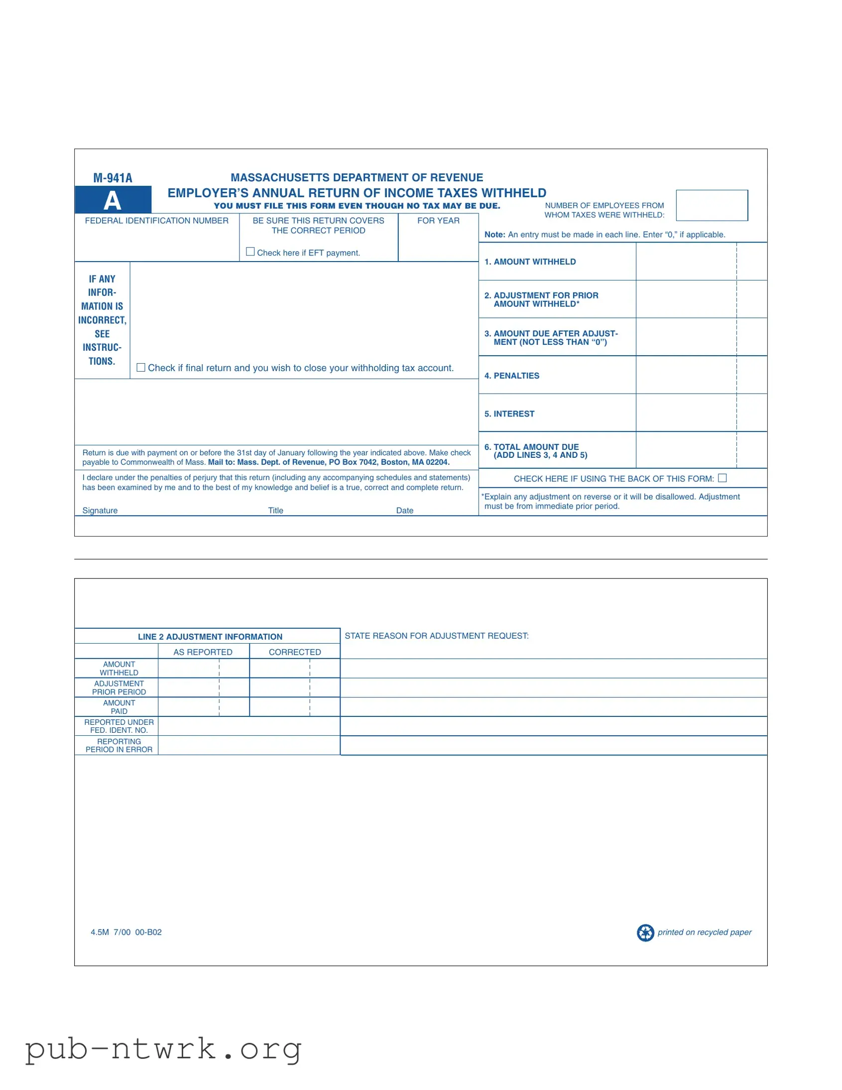 Blank Massachusetts M 941A PDF Form