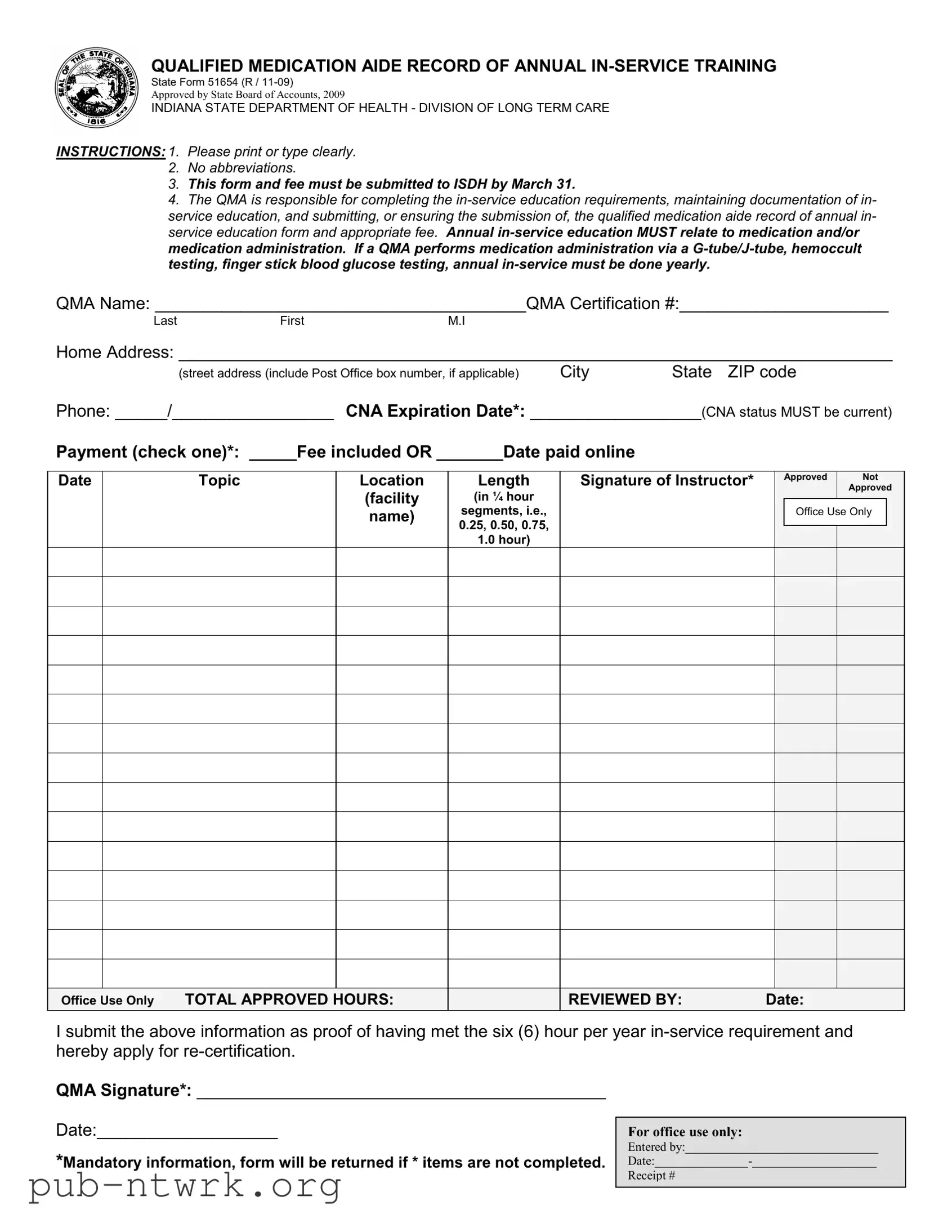 Blank Indiana Department Annual Inservice PDF Form