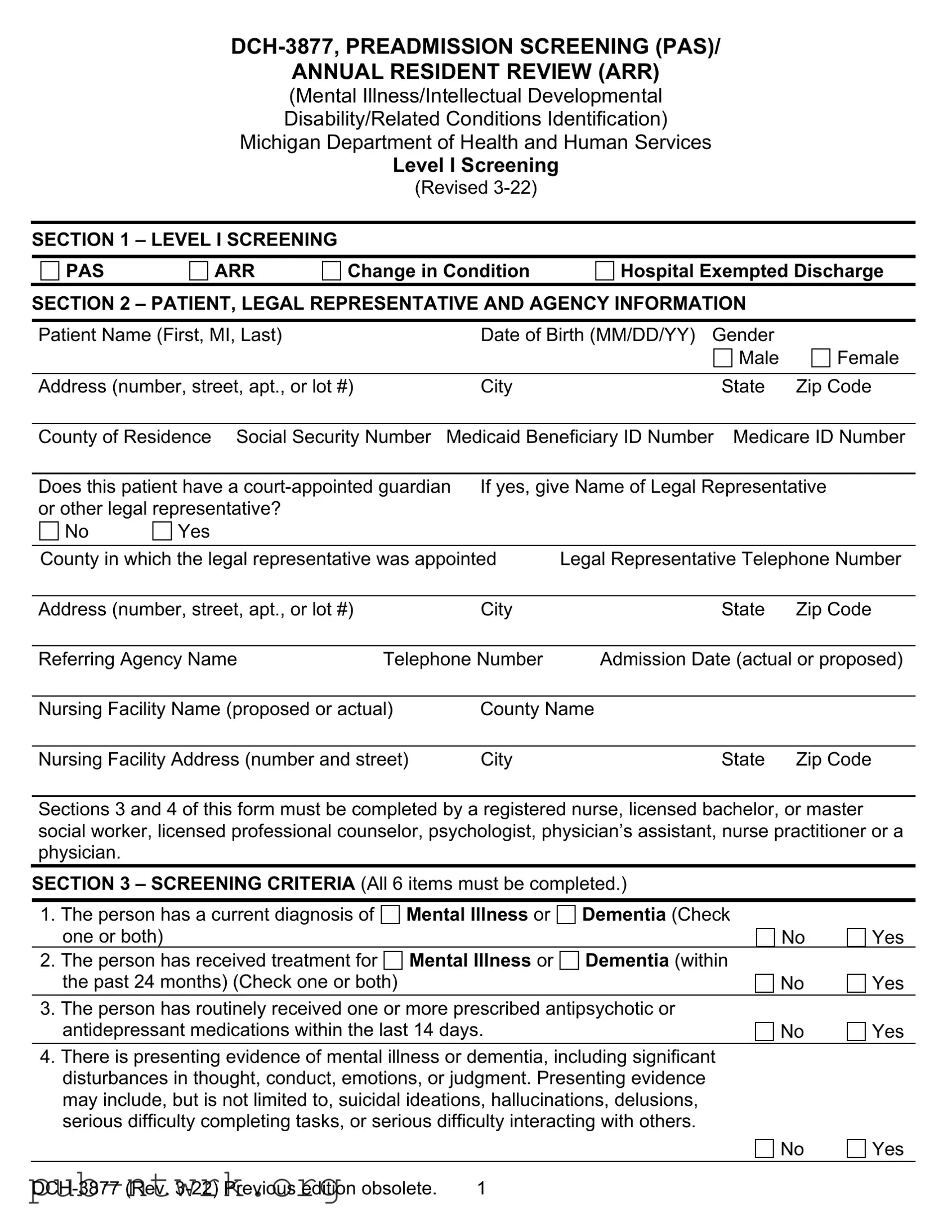 Blank Michigan Dch 3877 PDF Form