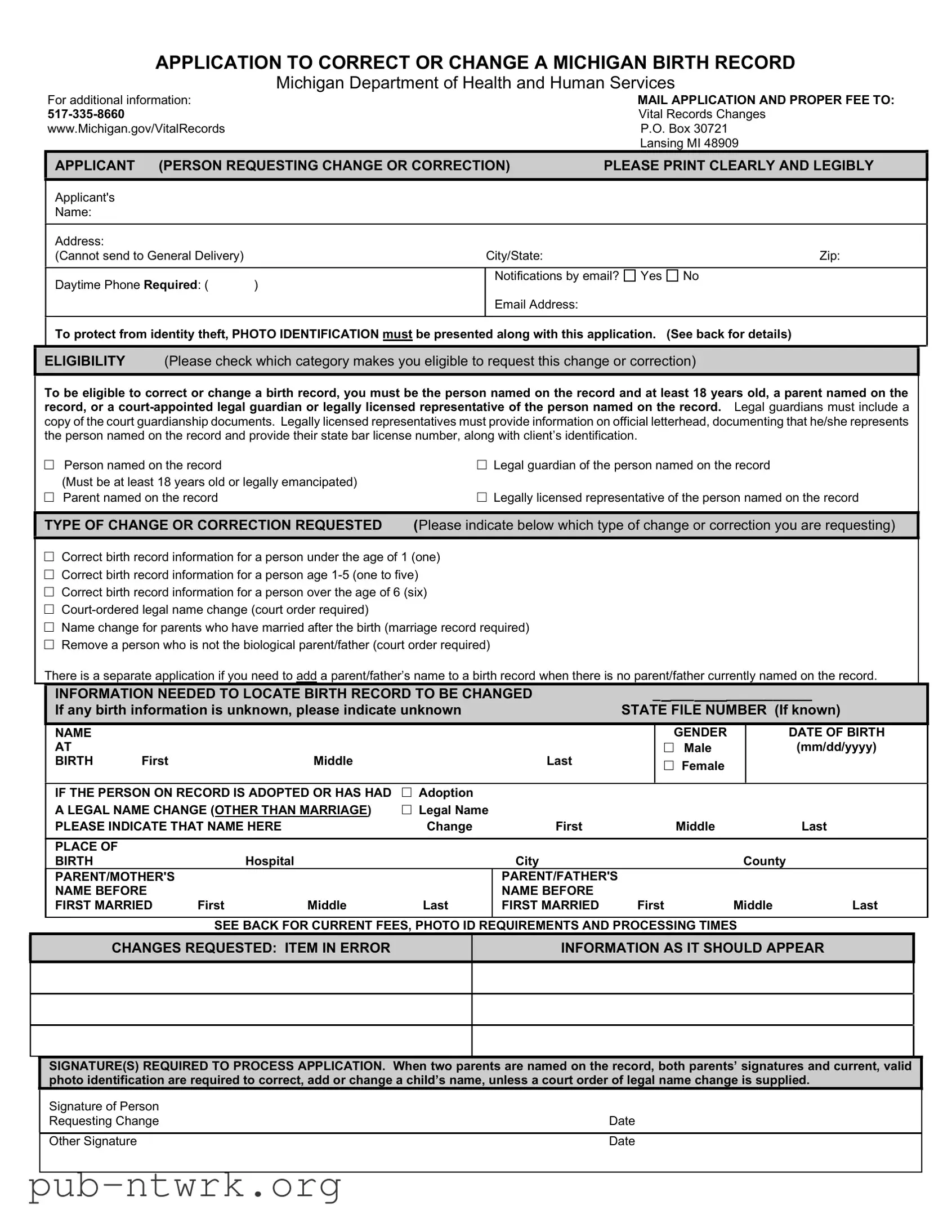 Blank Michigan Application Birth PDF Form