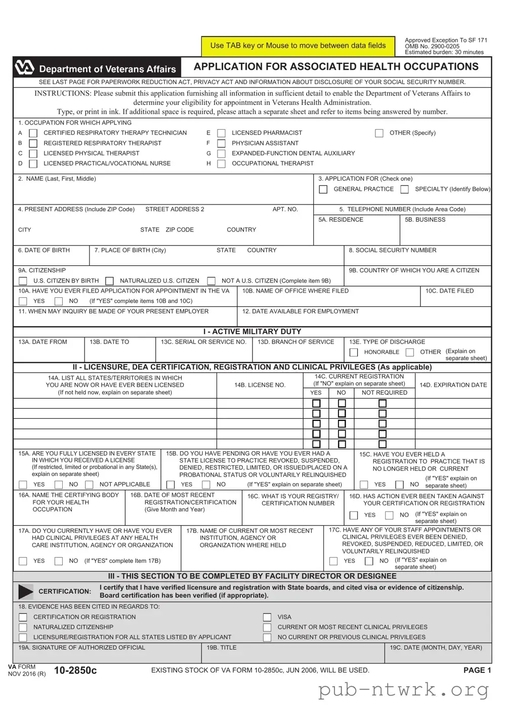 Blank VA 10-2850c PDF Form