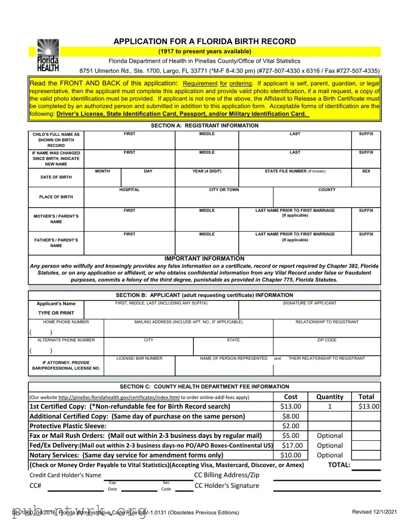 Blank Florida Birth Certificate PDF Form