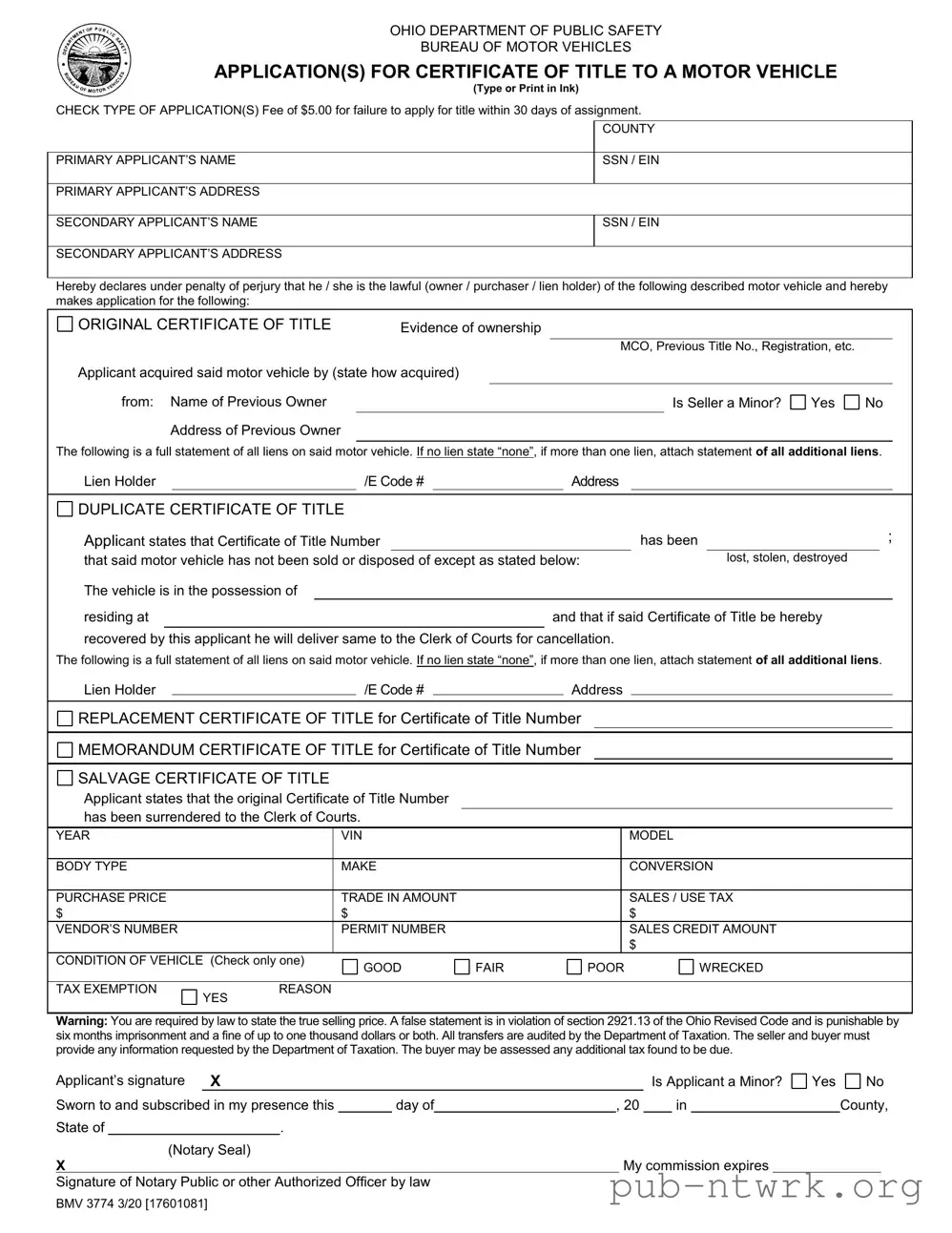 Blank Ohio Bmv Application PDF Form