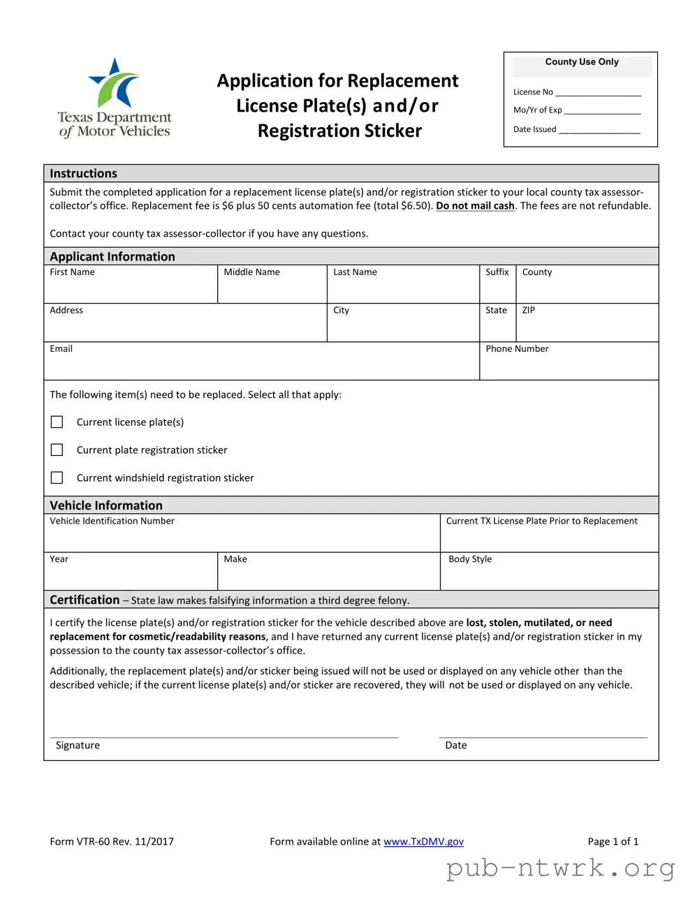 Blank Texas Vtr 60 PDF Form