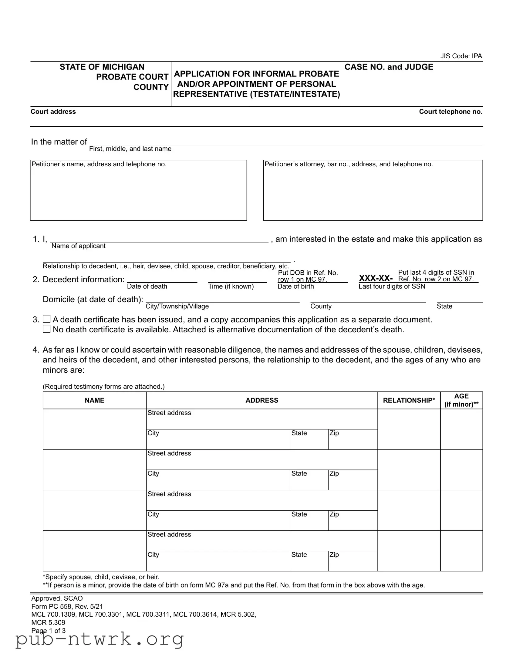 Blank Michigan Pc 558 PDF Form