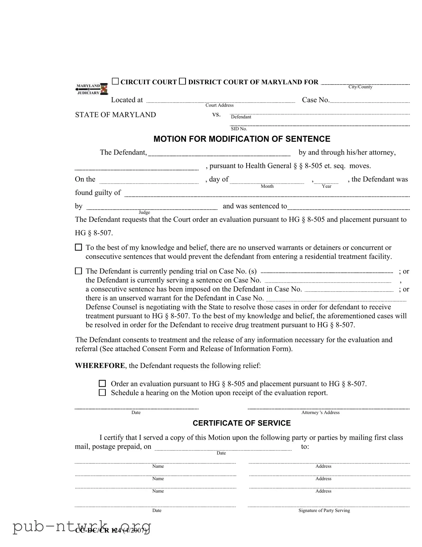 Blank Maryland Modification Sentence PDF Form