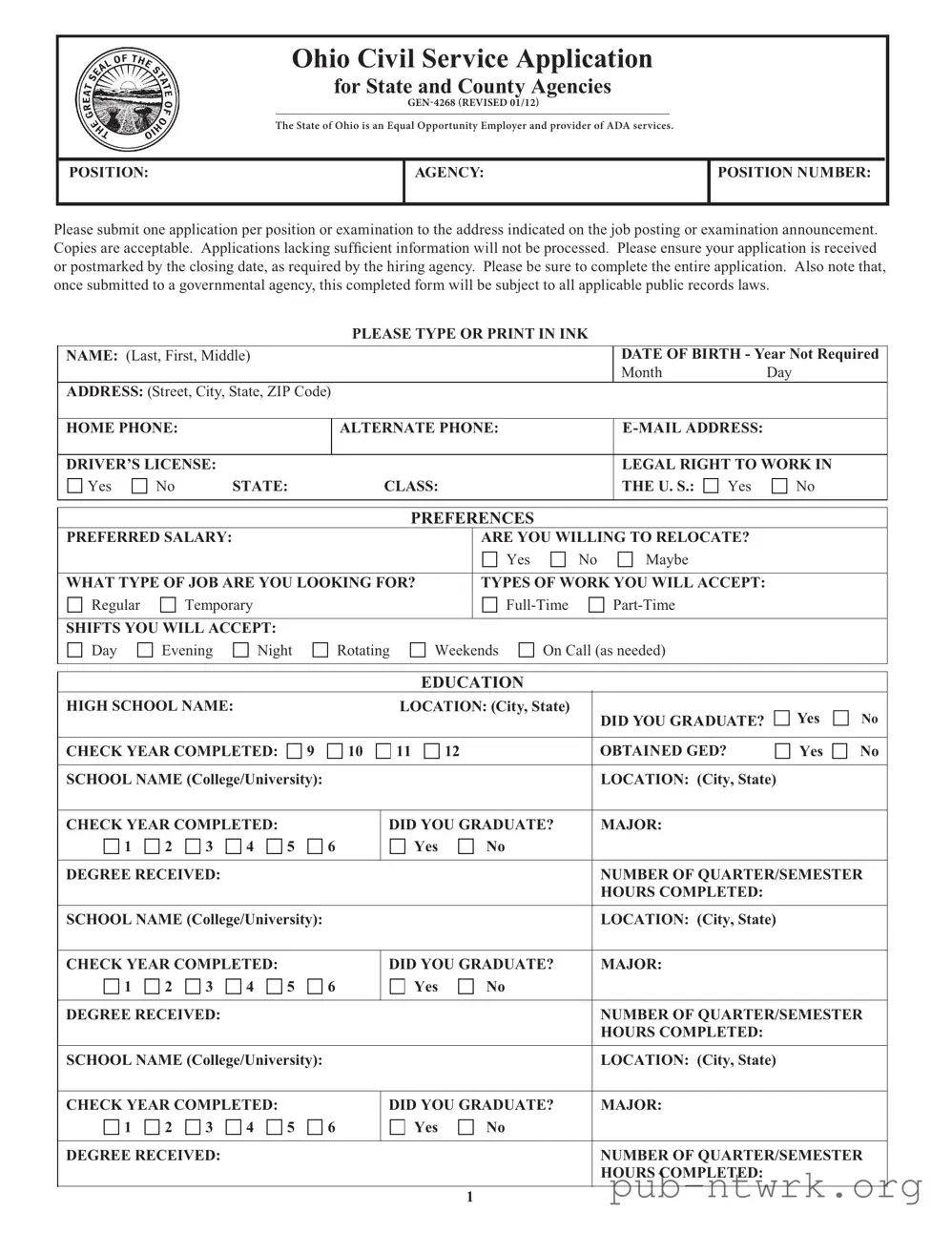 Blank Ohio Gen 4268 PDF Form