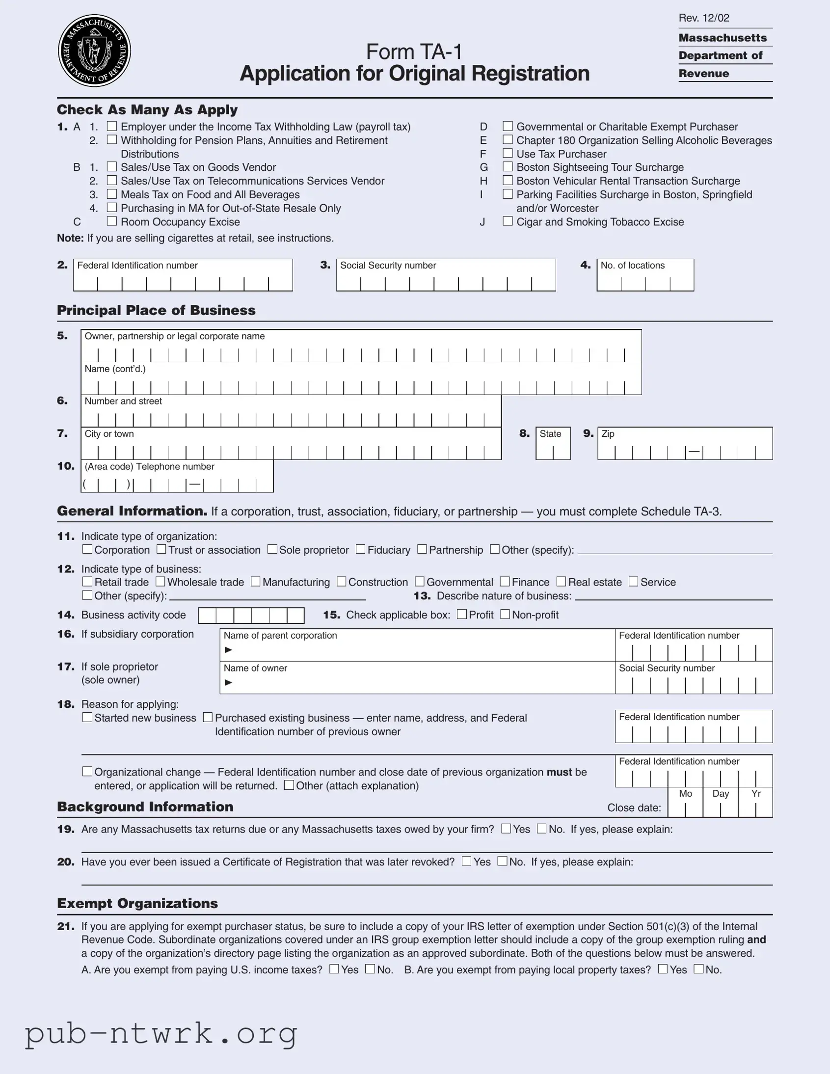 Blank Massachusetts Ta 1 PDF Form
