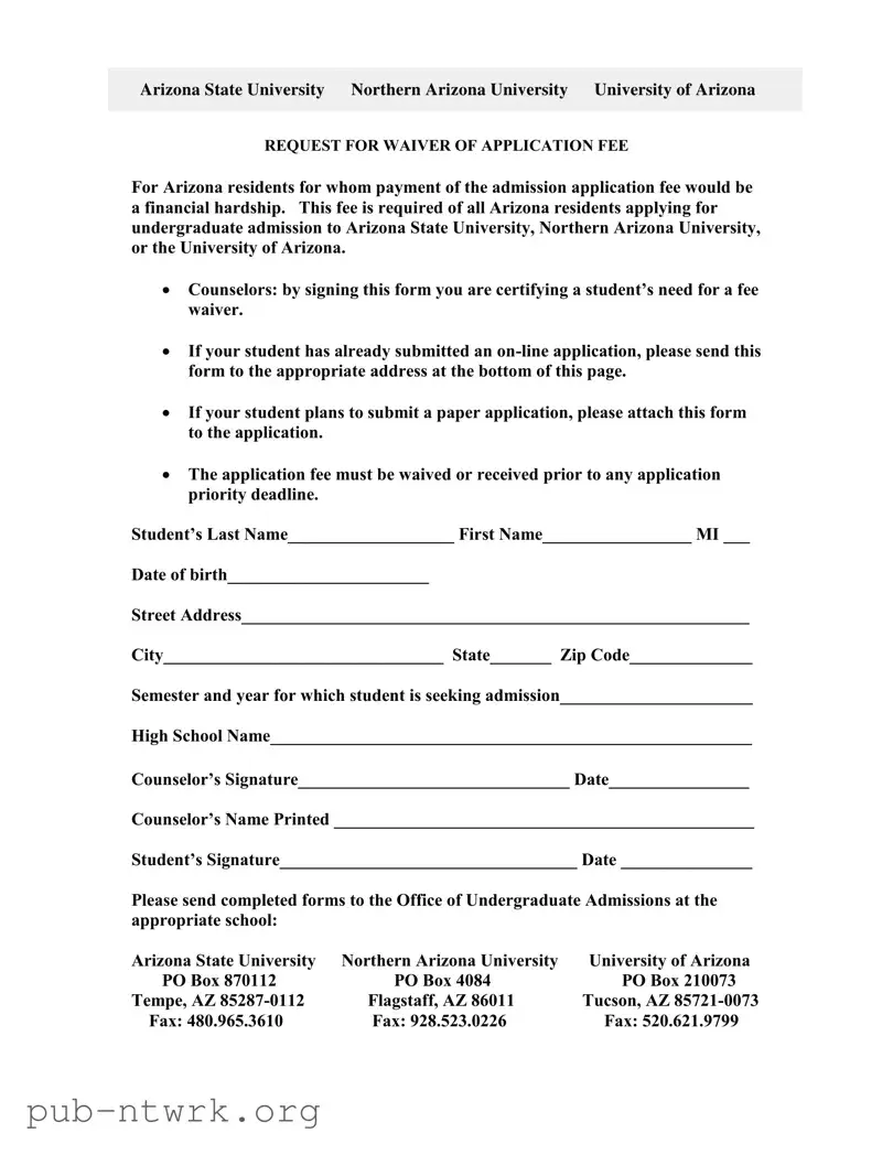 Blank Arizona University Application PDF Form