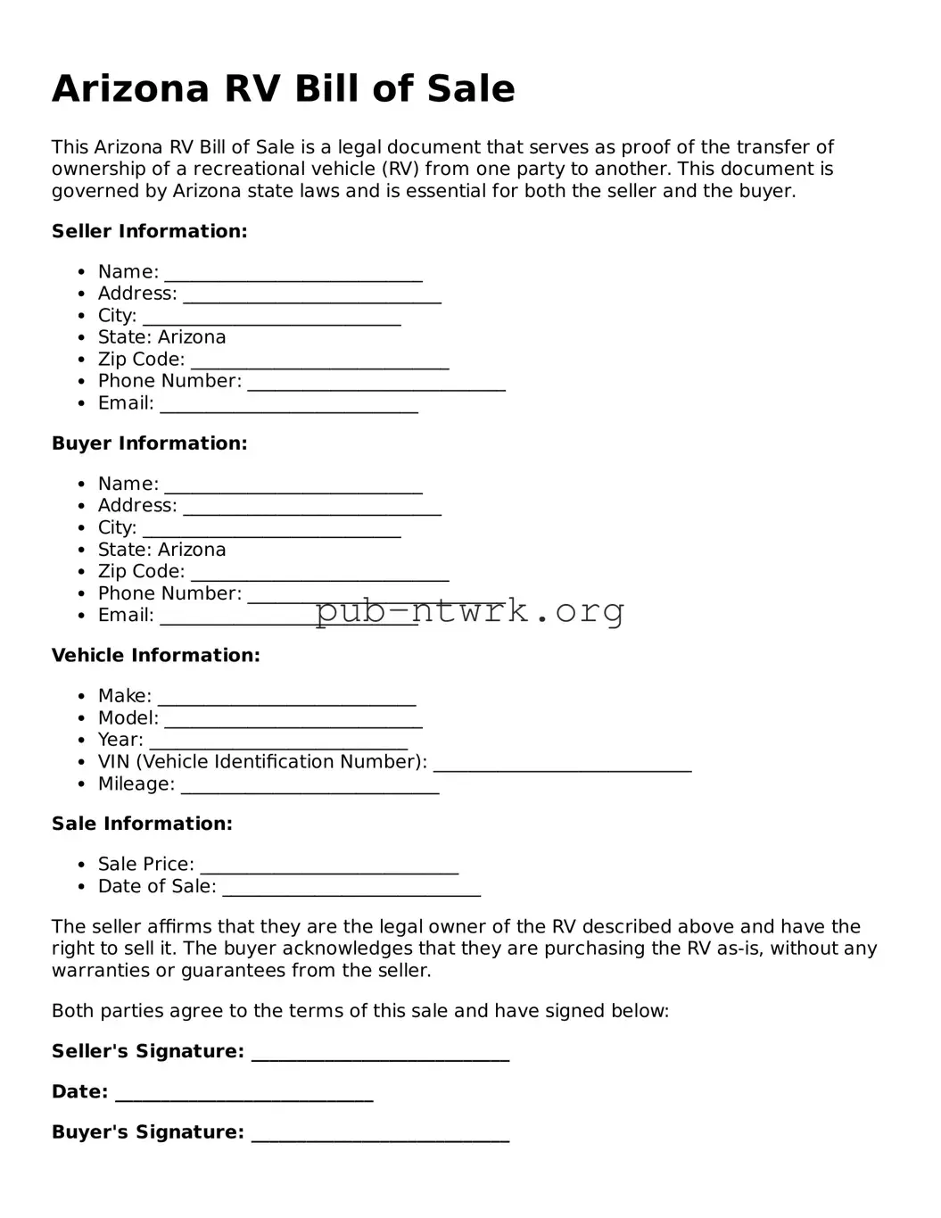 Free Arizona RV Bill of Sale Form