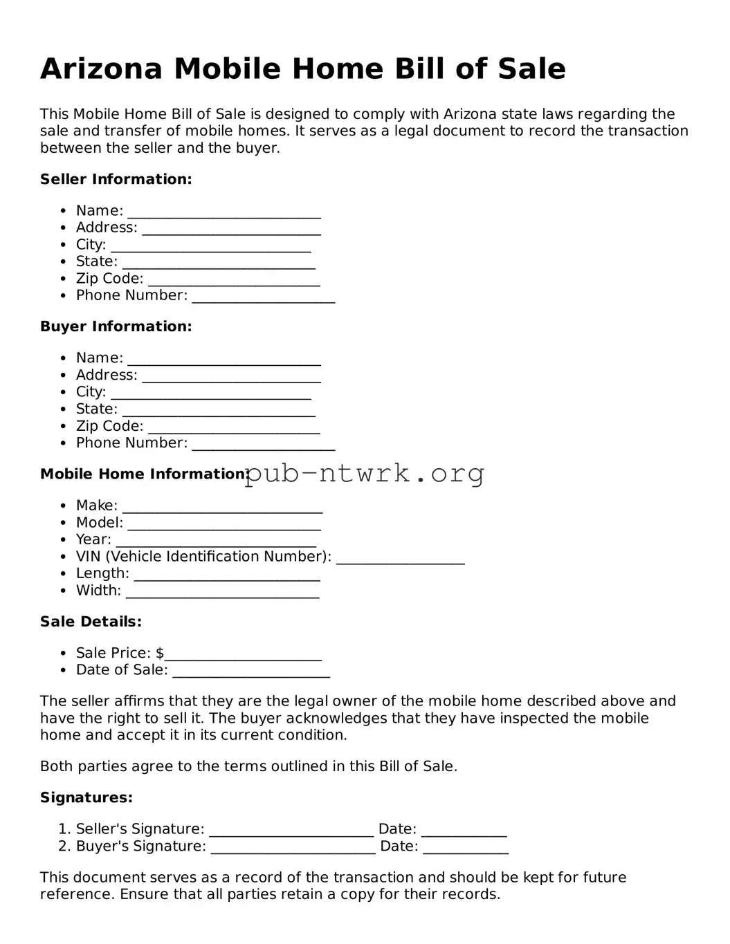 Free Arizona Mobile Home Bill of Sale Form