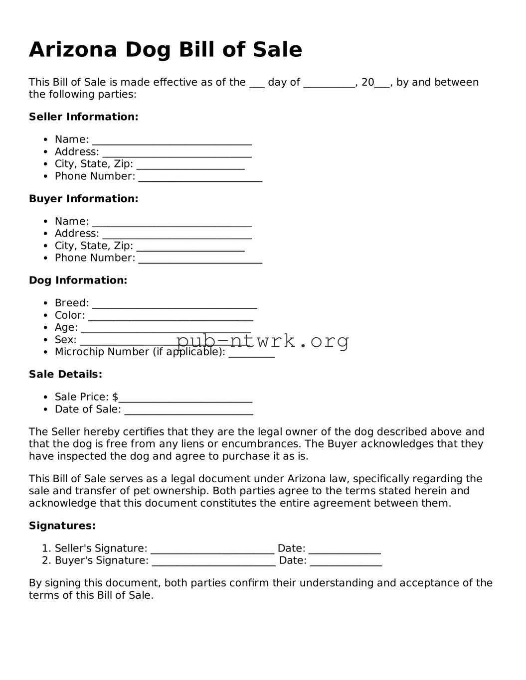 Free Arizona Dog Bill of Sale Form