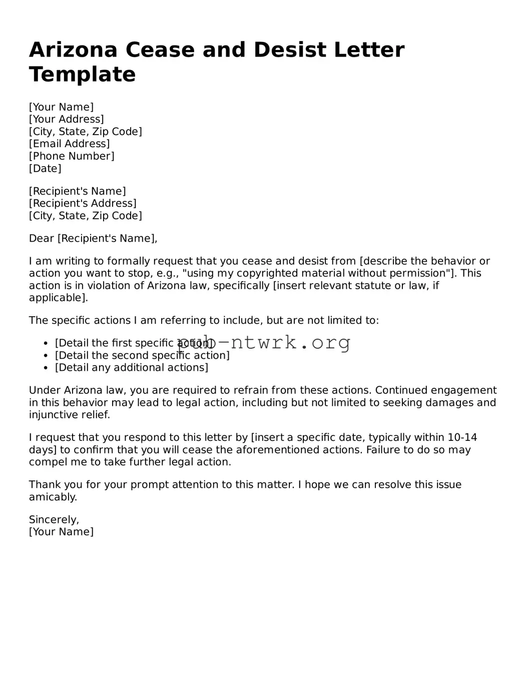 Free Arizona Cease and Desist Letter Form