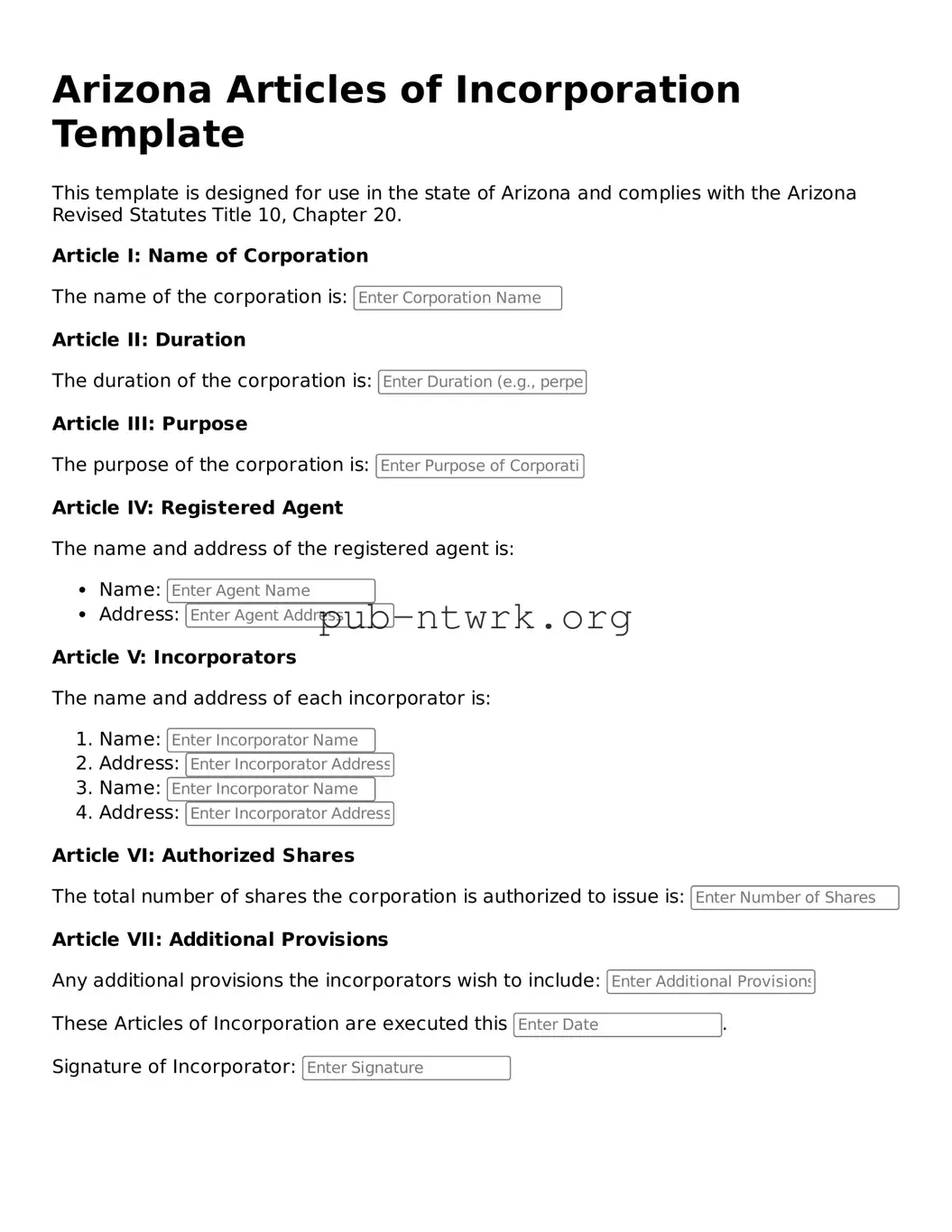 Free Arizona Articles of Incorporation Form