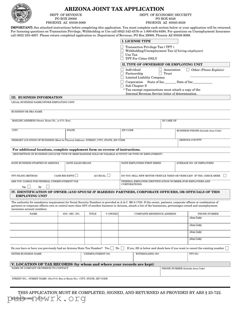 Blank Arizona Joint Tax Application PDF Form
