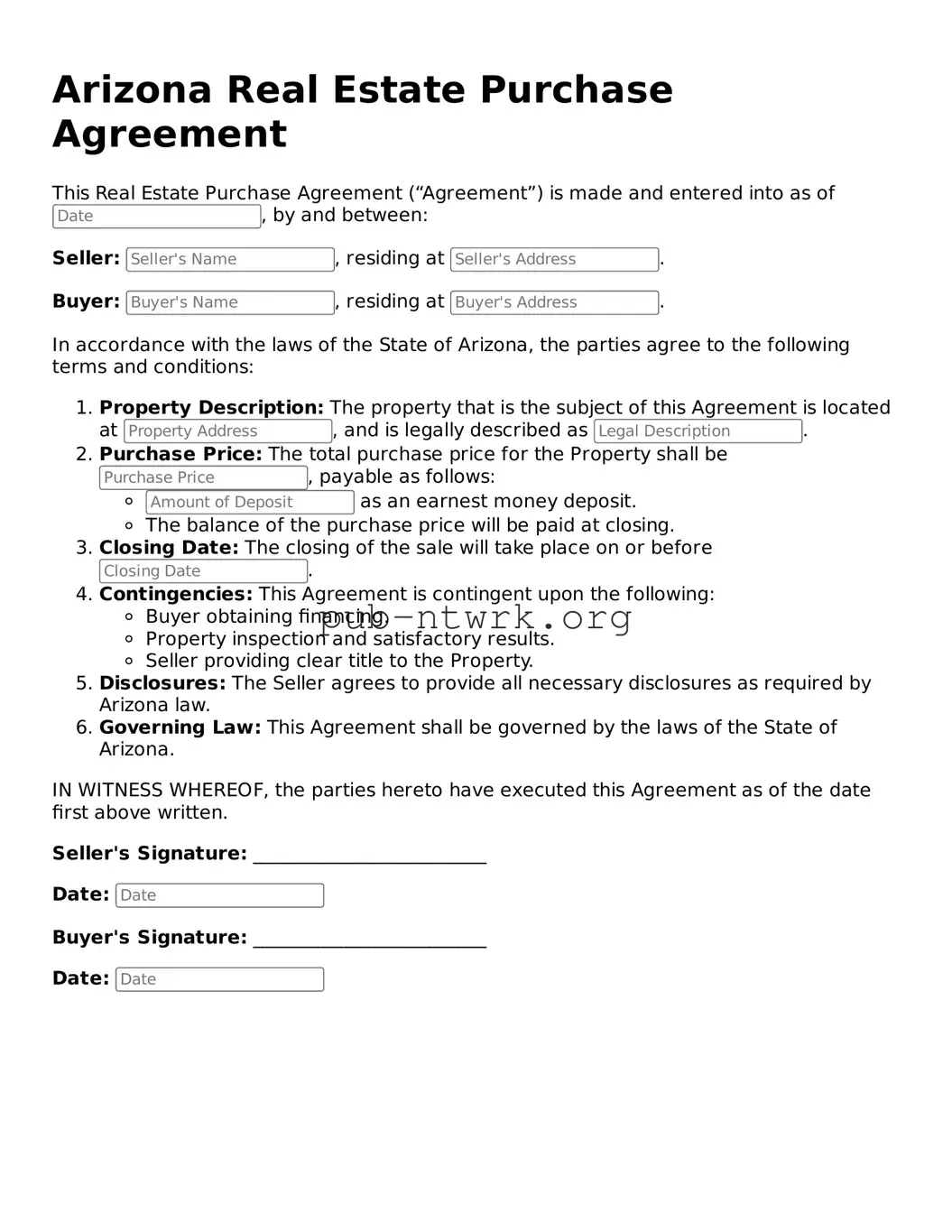 Free Arizona Real Estate Purchase Agreement Form