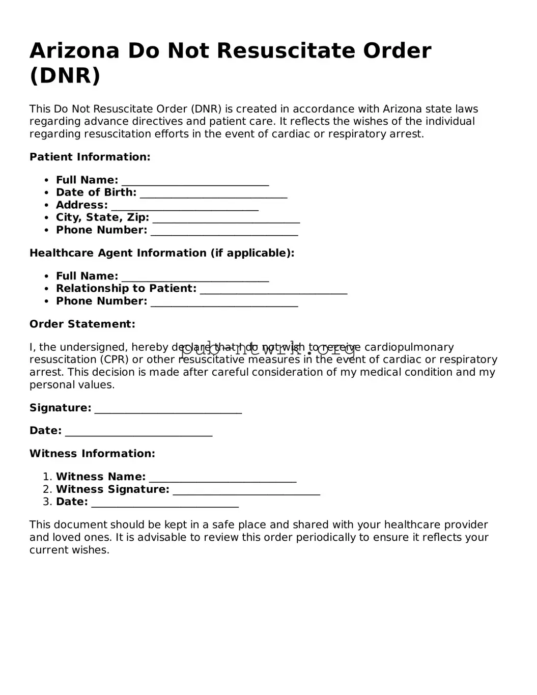 Free Arizona Do Not Resuscitate Order Form