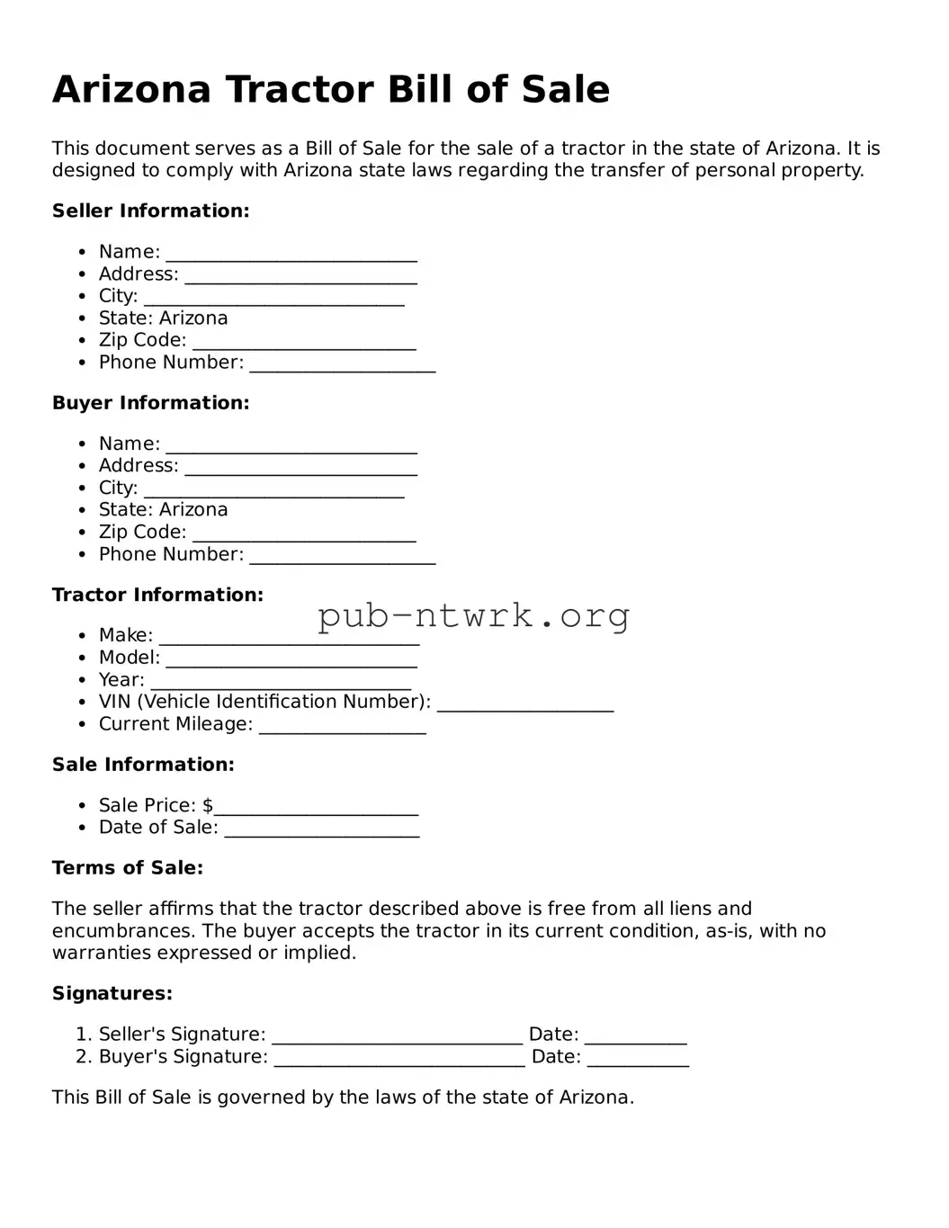 Free Arizona Tractor Bill of Sale Form