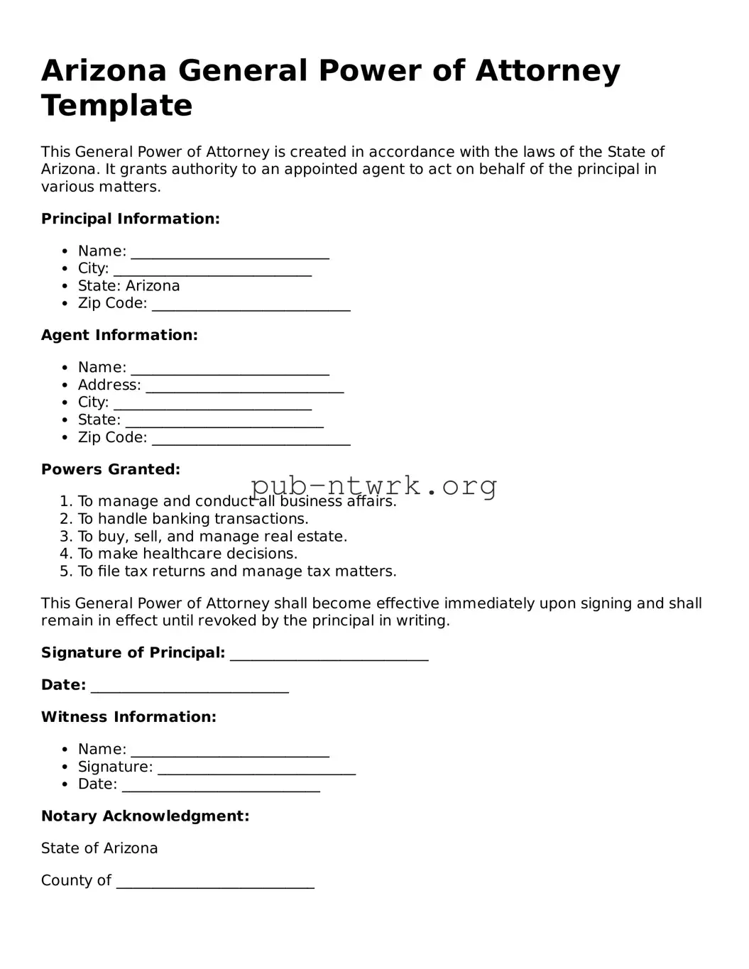 Free Arizona General Power of Attorney Form