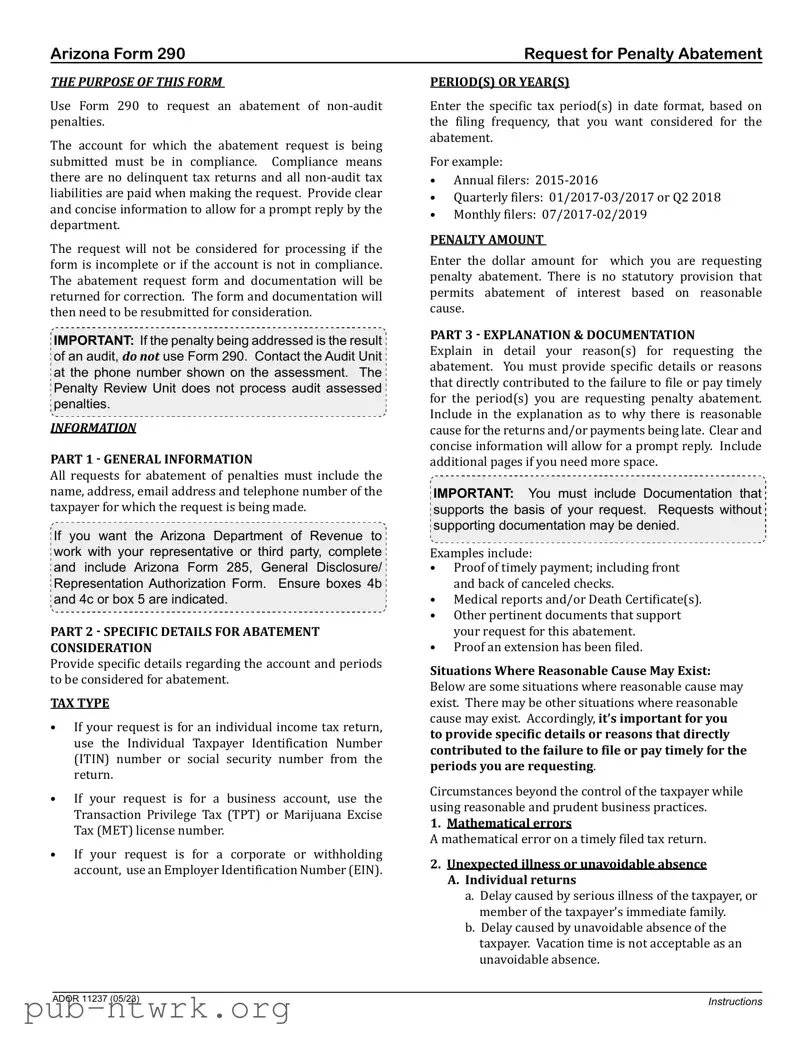 Blank 290 Arizona PDF Form