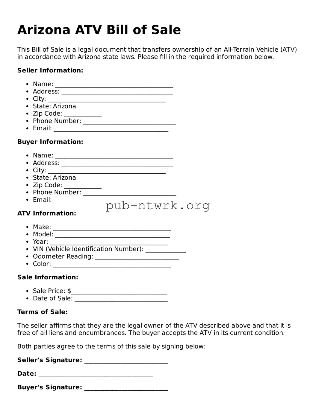 Free Arizona ATV Bill of Sale Form