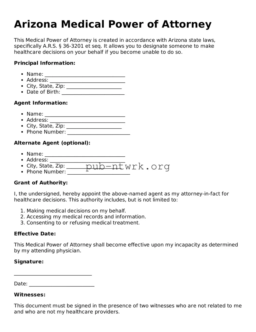 Free Arizona Medical Power of Attorney Form