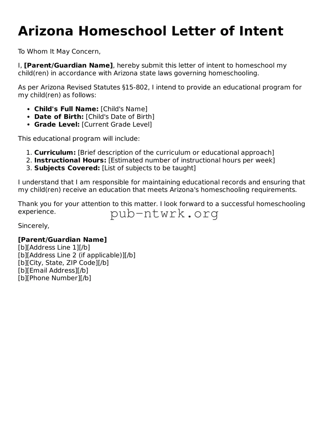 Free Arizona Homeschool Letter of Intent Form