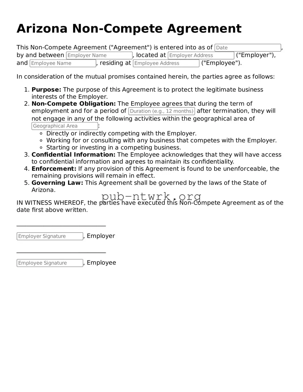 Free Arizona Non-compete Agreement Form