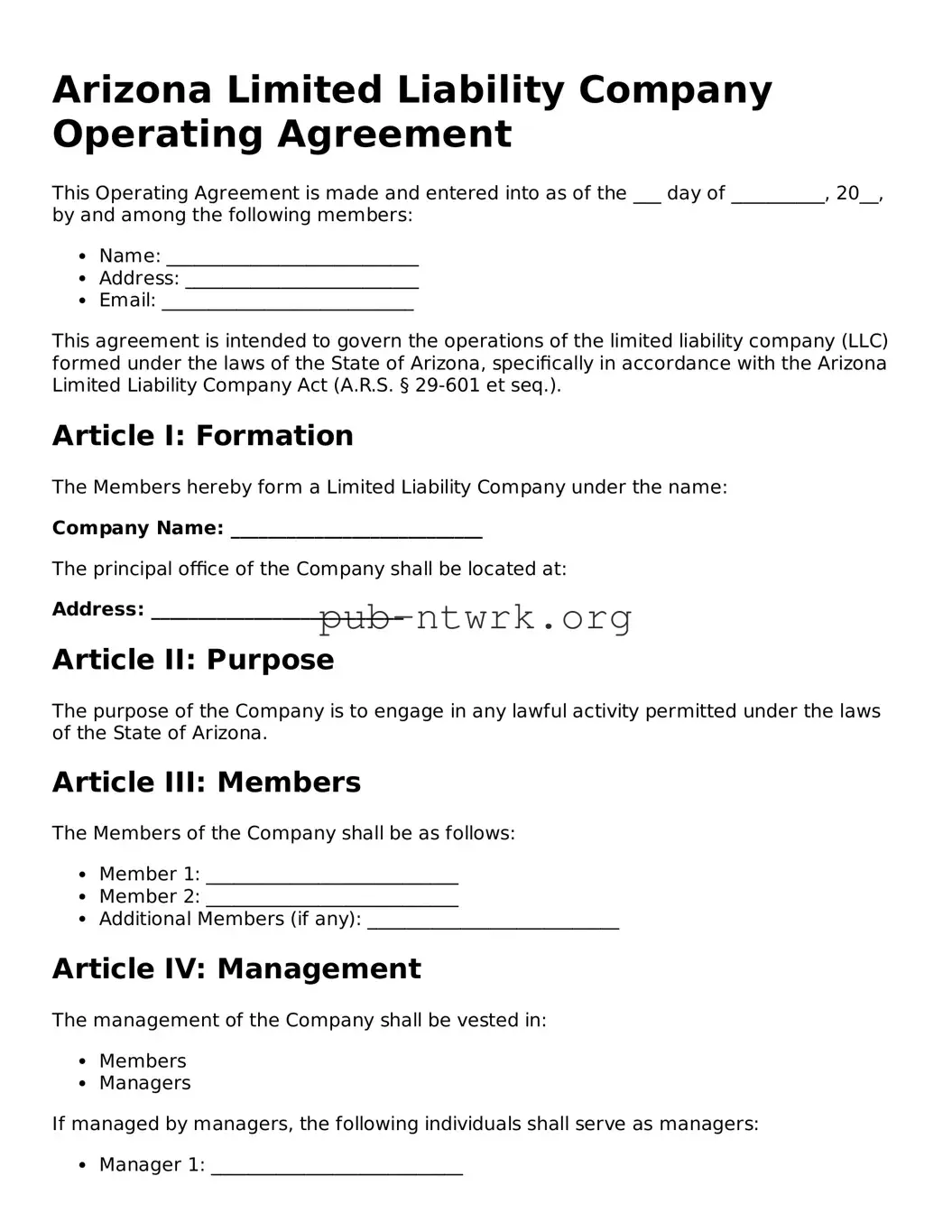 Free Arizona Operating Agreement Form