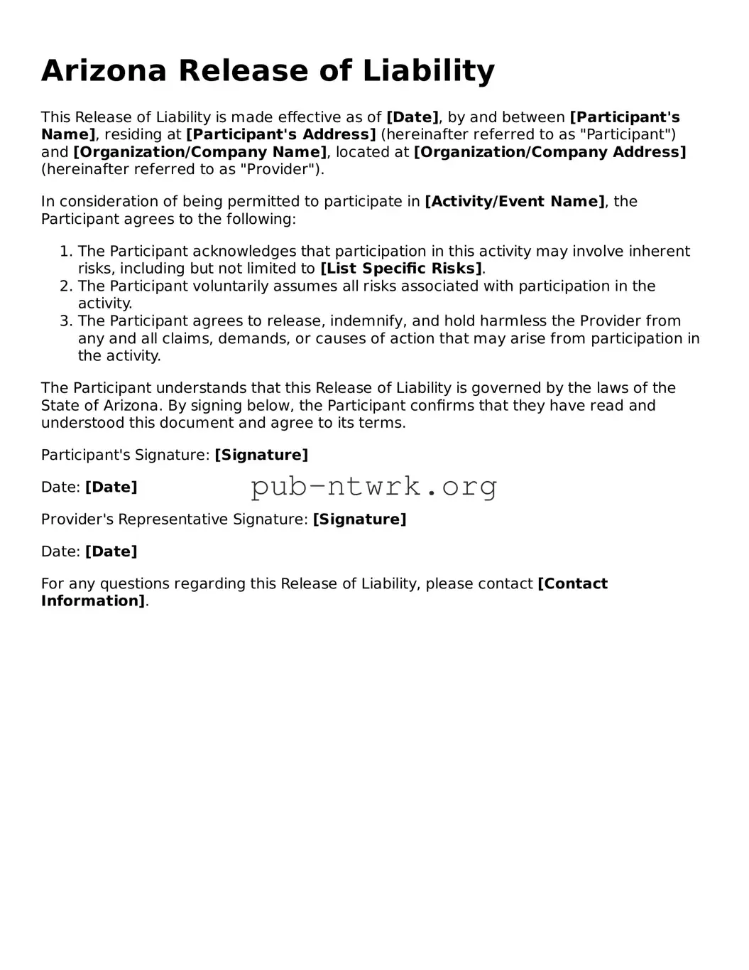 Free Arizona Release of Liability Form