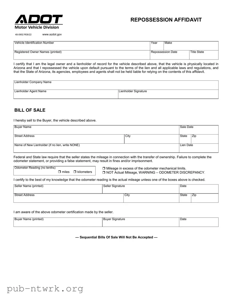 Blank Arizona Repossession Affidavit PDF Form