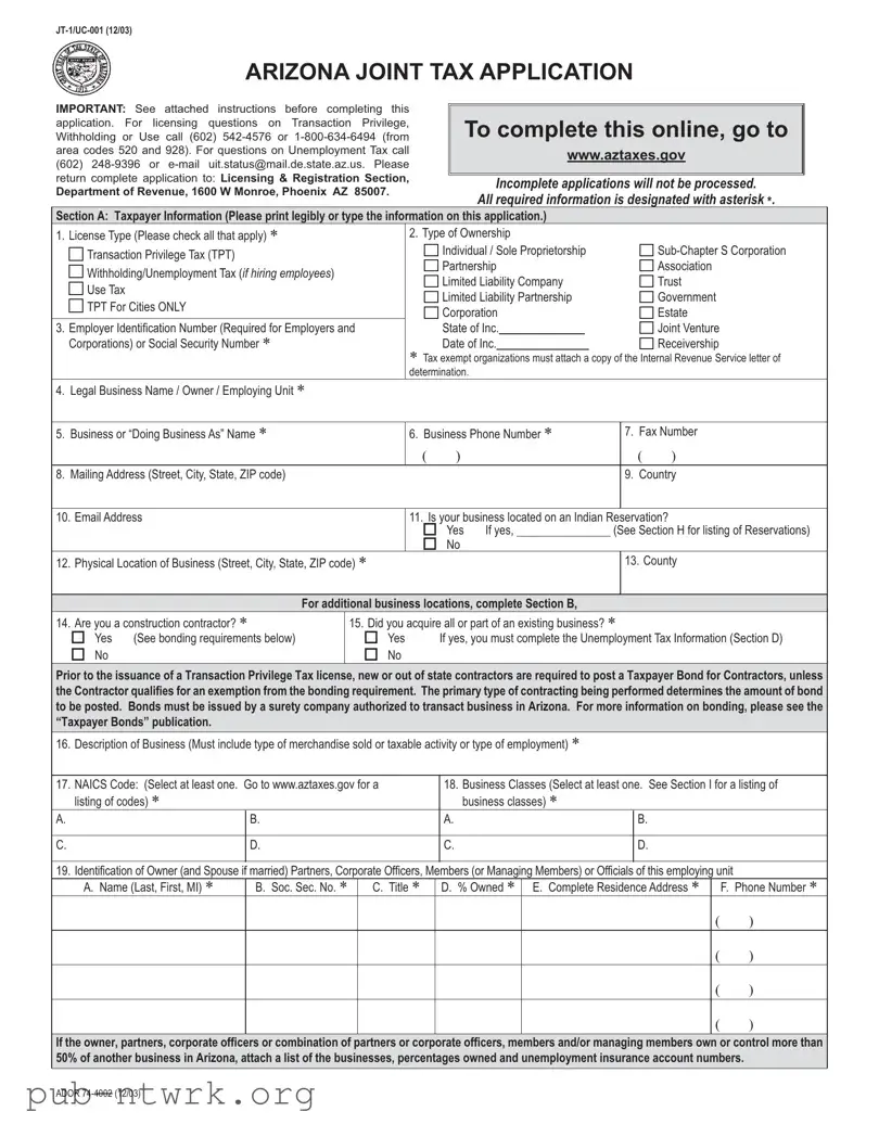 Blank Arizona Jt 1 Uc 001 PDF Form