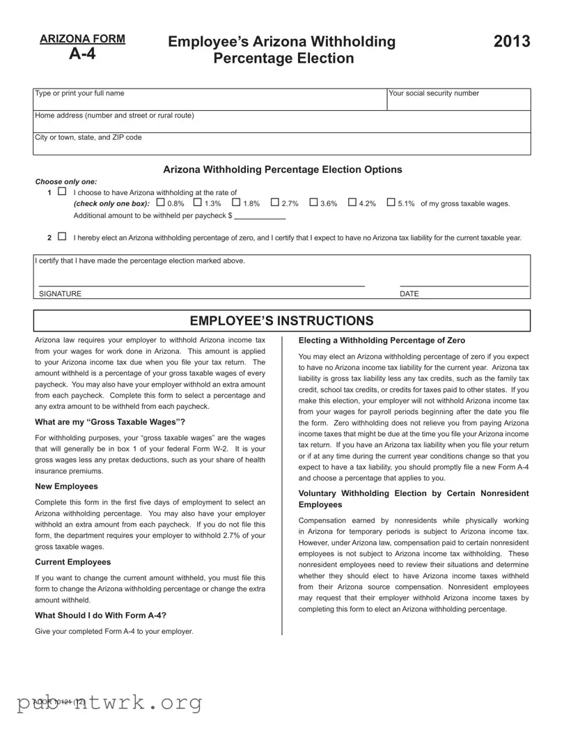 Blank Arizona A 4 PDF Form