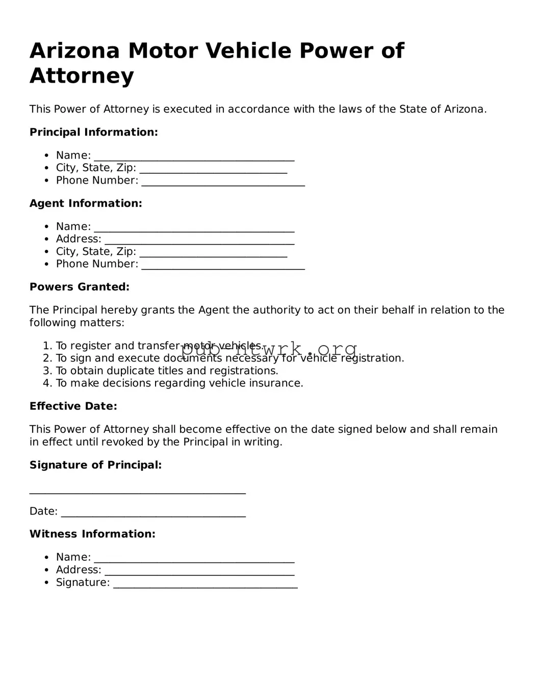 Free Arizona Motor Vehicle Power of Attorney Form