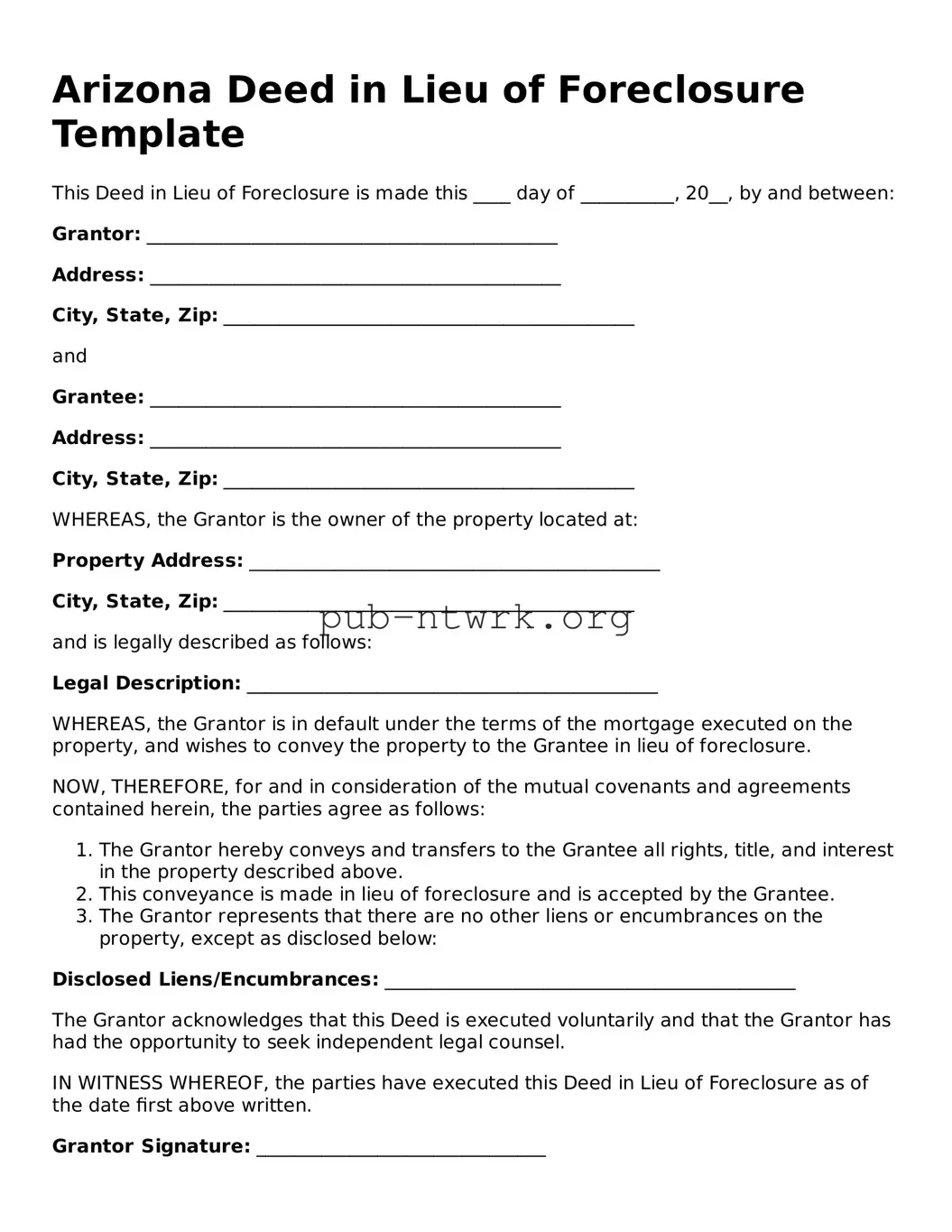 Free Arizona Deed in Lieu of Foreclosure Form