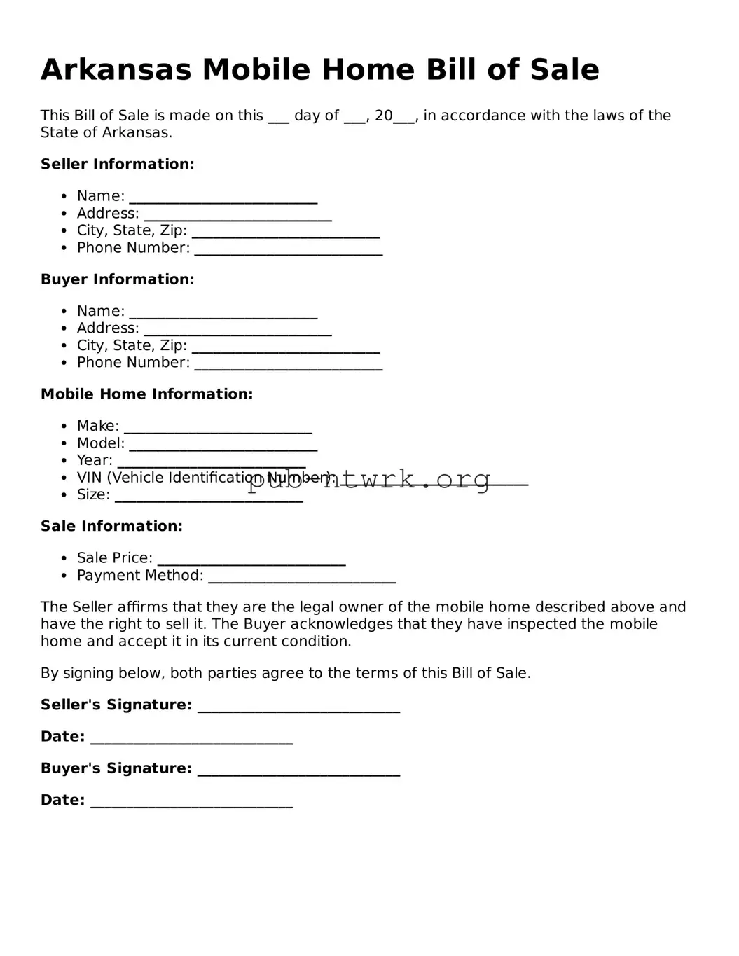 Free Arkansas Mobile Home Bill of Sale Form