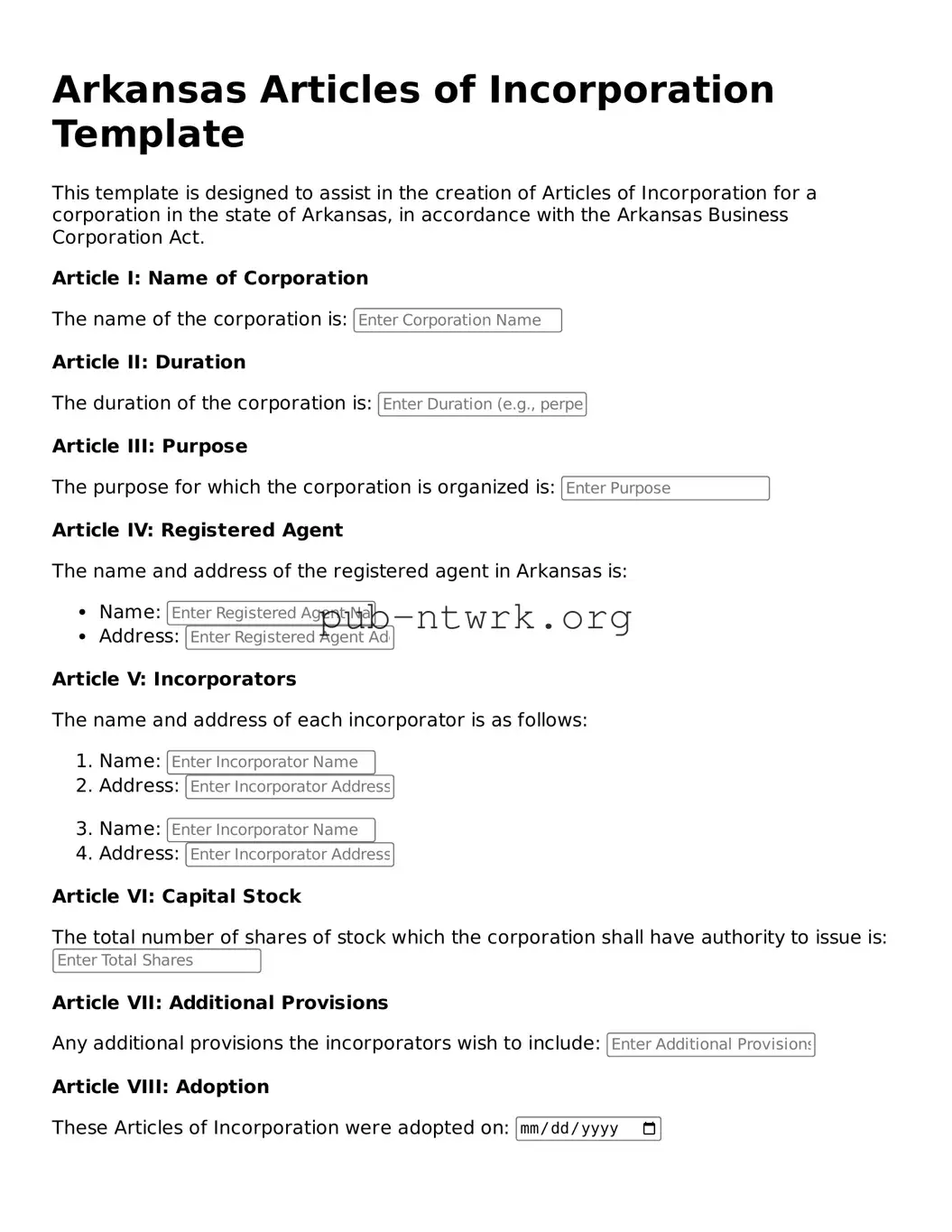 Free Arkansas Articles of Incorporation Form