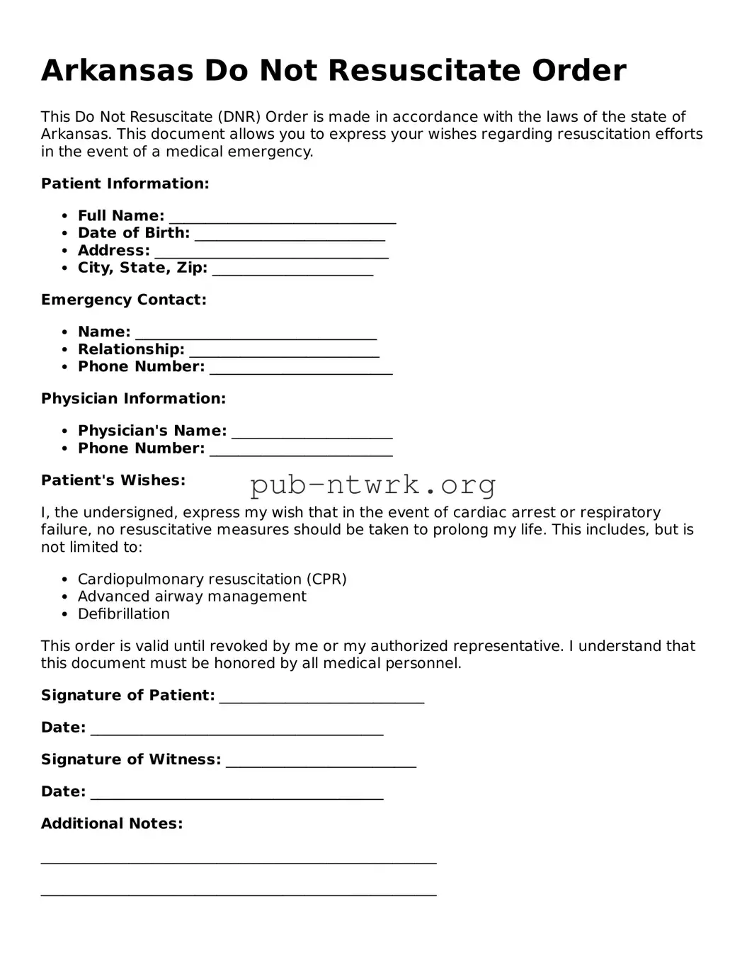 Free Arkansas Do Not Resuscitate Order Form
